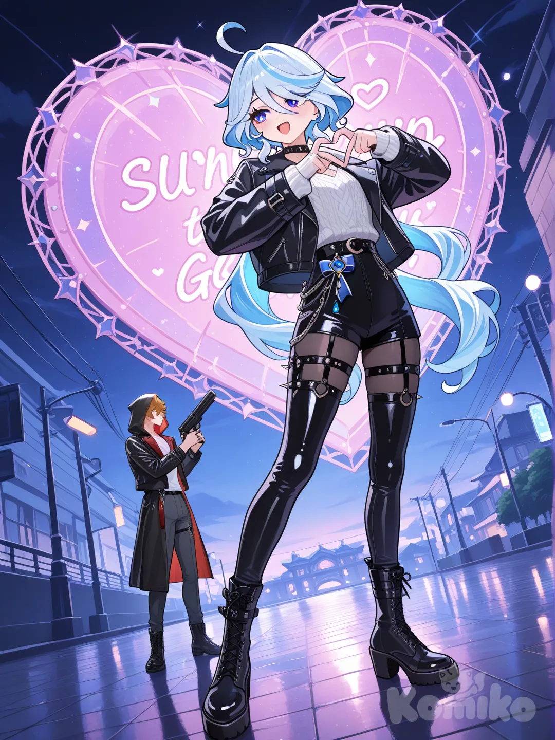 1boy, 1girl, 2people, @Furina_(Genshin_Impact), @Tartaglia_(Genshin_Impact), v sign, heart hands, holding sign, holding gun, singing, bohemian shirt, hoodie, knitted cardigan, leather jacket, punk leather jacket, evening dress, raincoat, suit, little black dress, spacesuit, full body, looking away, panoramic lens