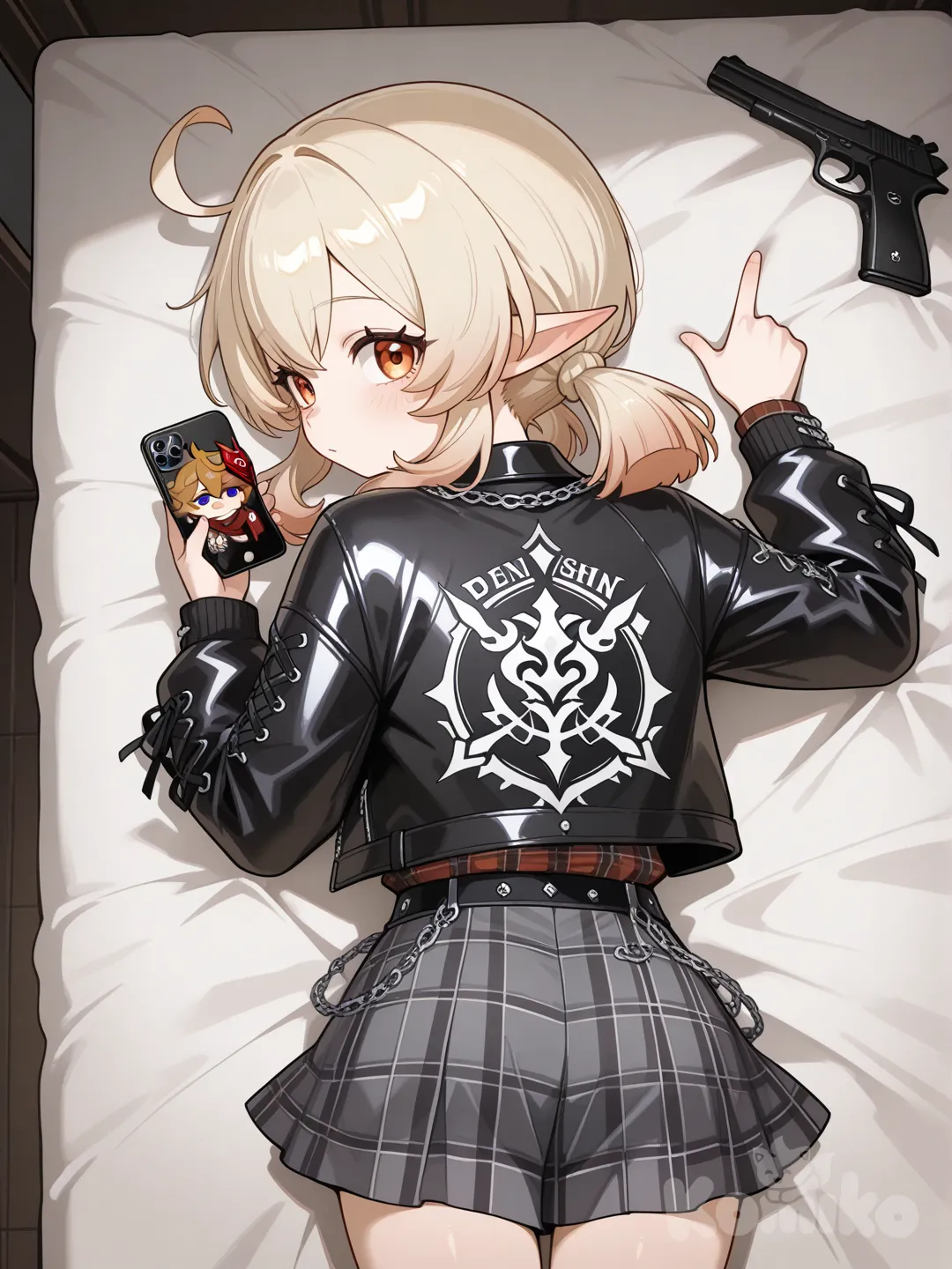 @Dan_Heng_(Honkai:Star_Rail), @Klee_(Genshin_Impact), @Tartaglia_(Genshin_Impact), holding gun, looking at phone, lie on stomache, looking back, pointing at viewer, plaid shirt, bohemian shirt, knitted cardigan, punk leather jacket, looking at viewer, bird's-eye view, cowboy shot, front profile photo