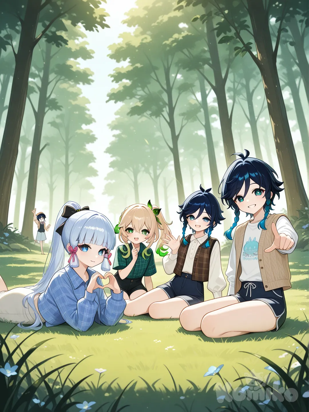 @Jean_(Genshin_Impact), @Nahida_(Genshin_Impact), @Kamisato_Ayaka, @Venti_(Genshin_Impact), waving, heart hands, sitting on the ground, lie on stomache, pointing at viewer, vest, plaid shirt, bohemian shirt, knitted vest, outdoor adventure jacket, panoramic lens, blurred background, medium long shot, wide shot