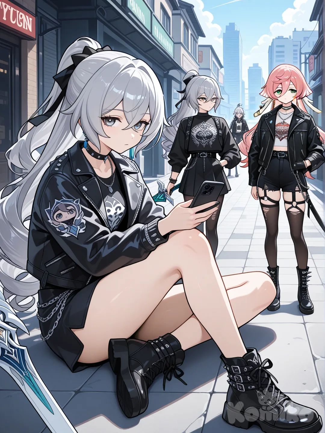 @Luocha_(Honkai:Star_Rail), @Bronya_Zaychik_(Silverwing:N-Ex), @Yanfei_(Genshin_Impact), holding sword, hands in pockets, looking at phone, sitting on the ground, henley shirt, knitted cardigan, punk leather jacket, outdoor adventure jacket, panoramic lens, looking at viewer, full body, looking away