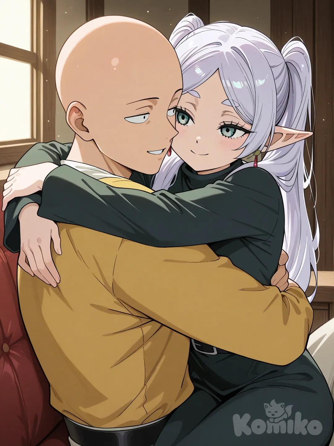 saitama (one-punch man), frieren, Frieren sits on Saitama's lap when they smiling and cuddling tightly