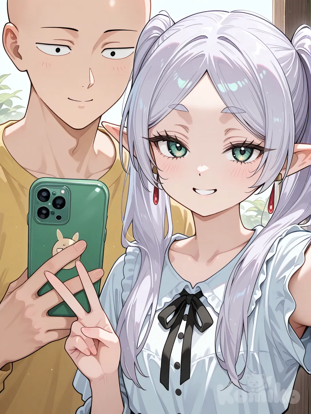 saitama (one-punch man), frieren, are doing a selfie