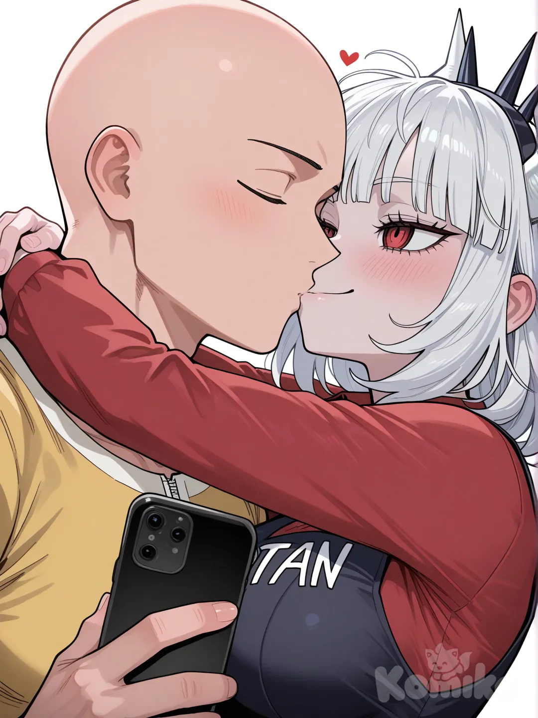 saitama (one-punch man), lucifer (helltaker), are doing a selfie while they're kissing