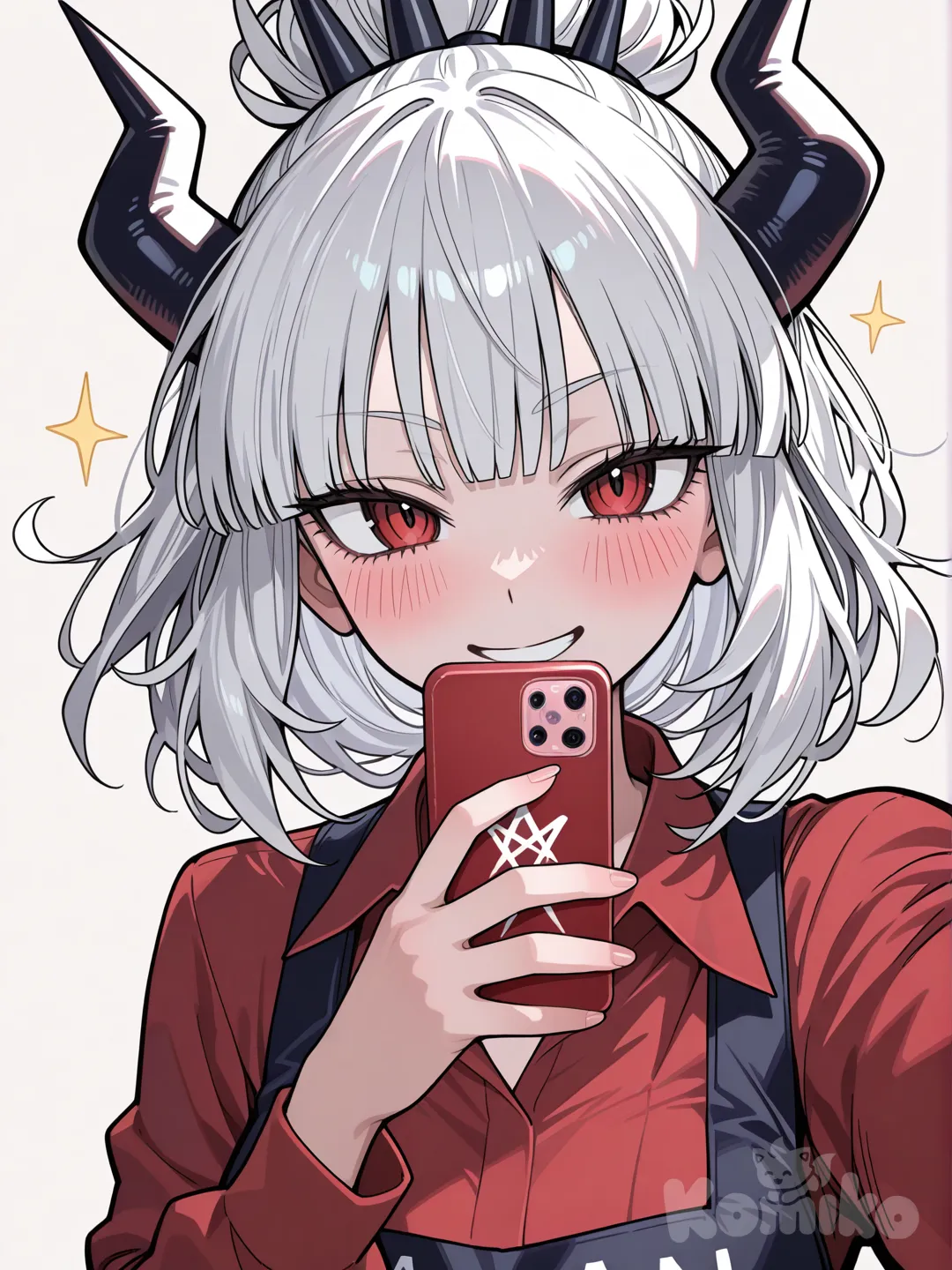 saitama (one-punch man), lucifer (helltaker), are doing a selfie