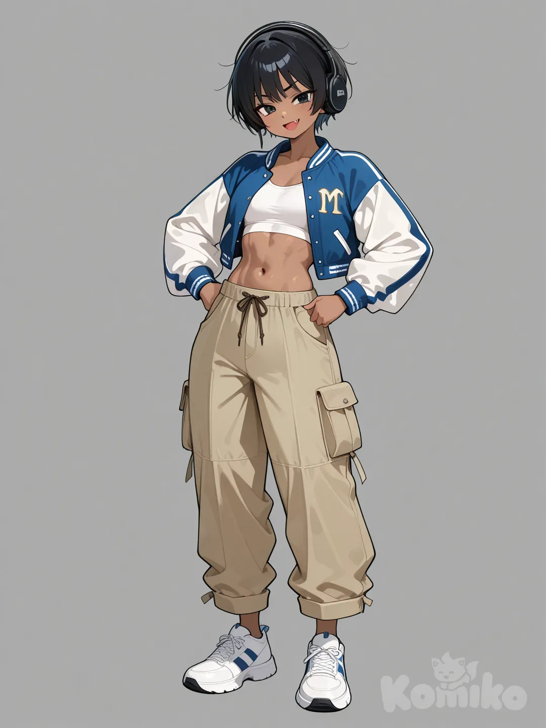 Emiko is a black-haired short-haired slim and athletic dark-skinned Filipina tomboy with a bob cut, a small mouth, and a little fang sticking out, Emiko has black eyes, and is wearing a white croptop, cropped blue letterman jacket with white sleeves, khaki-colored cargo pants, white tennis shoes, and black hadphones.