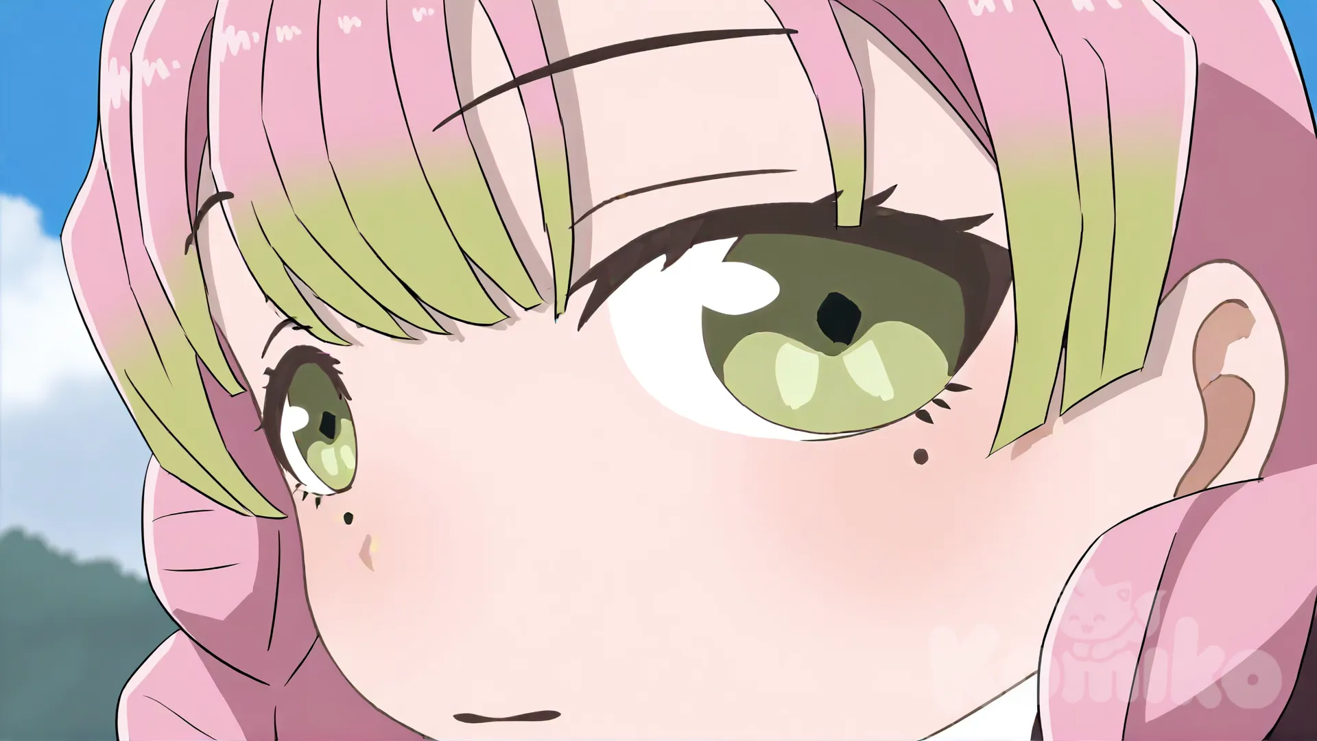 Kanroji Mitsuri, looking at viewer, panoramic lens, cinematic lighting, ambient light, cloud (Deben verse sus ojos muy cerca de la cámara) en alta definición., anime coloring, anime screencap, [close-look-style]