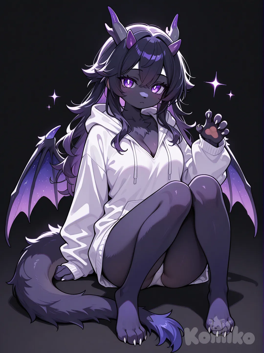 1girl, furry, anthropomorphic character, cute, furred dragon, fluffy, indigo fur, dark fur, medium breasts, playful pose, purple vibrant eyes, dragon wings, small horns, feminine eyes, eyes, long hair, dark colored hair, oversized baggy hoodie, white panties, single character, full body, furry body, looking at viewer, ultra dark background, vibrant anime style, paws, cleavage, dragon girl, sitting