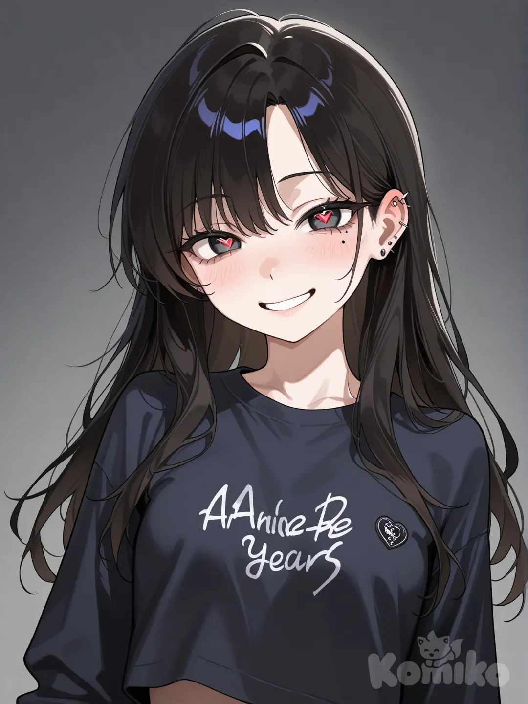 Una joven, Parece tener unos 18 años, con cabello largo y oscuro y una complexión ágil y atlética. sus rasgos distintivos: ojos oscuros y penetrantes, nariz fina y una boca curvada en una sonrisa segura