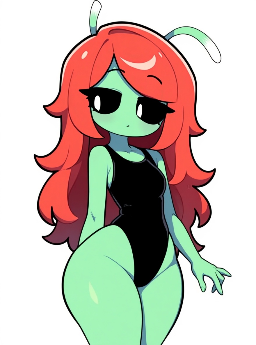 1girl, alien, green_skin, orange_hair, long_hair, wide_hips, large_ass, small_breasts, black_leotard, curvaceous_figure, voluptuous, black_eyes, white_pupils, long_eyelashes, no_nose, nostrils, antennae, tail, round_ass, single character, full body, looking at viewer, anime style, simple background, white background
