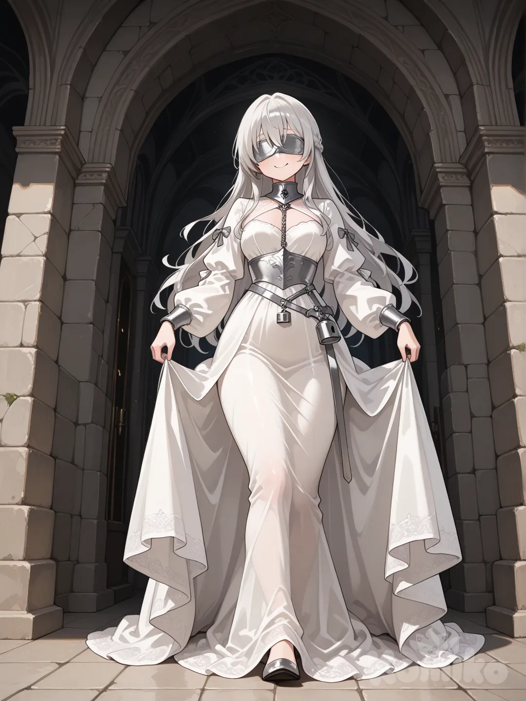 銀髪ロング　女性　白のロングドレス　銀色の鉄製で鍵付きの目隠し　　中世の城の城内を歩いている　口元は笑顔