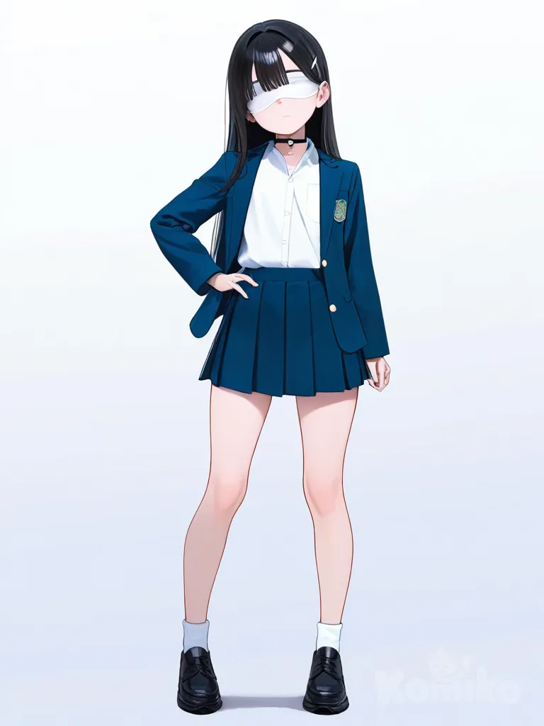 1girl, teenager, slim, black_hair, long_hair, white_blindfold, fair_skin, dark_blue_blazer, miniskirt, choker, single character, full body, looking at viewer, anime style, simple background, white background