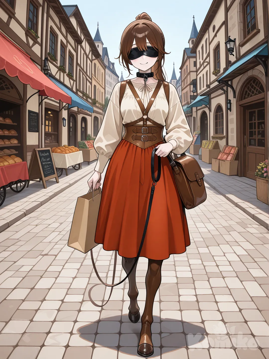 ケンタウロス娘、買い出し、茶髪、長いポニーテール、白肌、黒い革の目隠し、髪の上から目隠しを装着してる、中世ヨーロッパの街中、首輪にリード、リードで引かれている、ハーネス、赤いスカート、ベージュの服、臀に荷物を載せている、笑顔、口は閉じている、