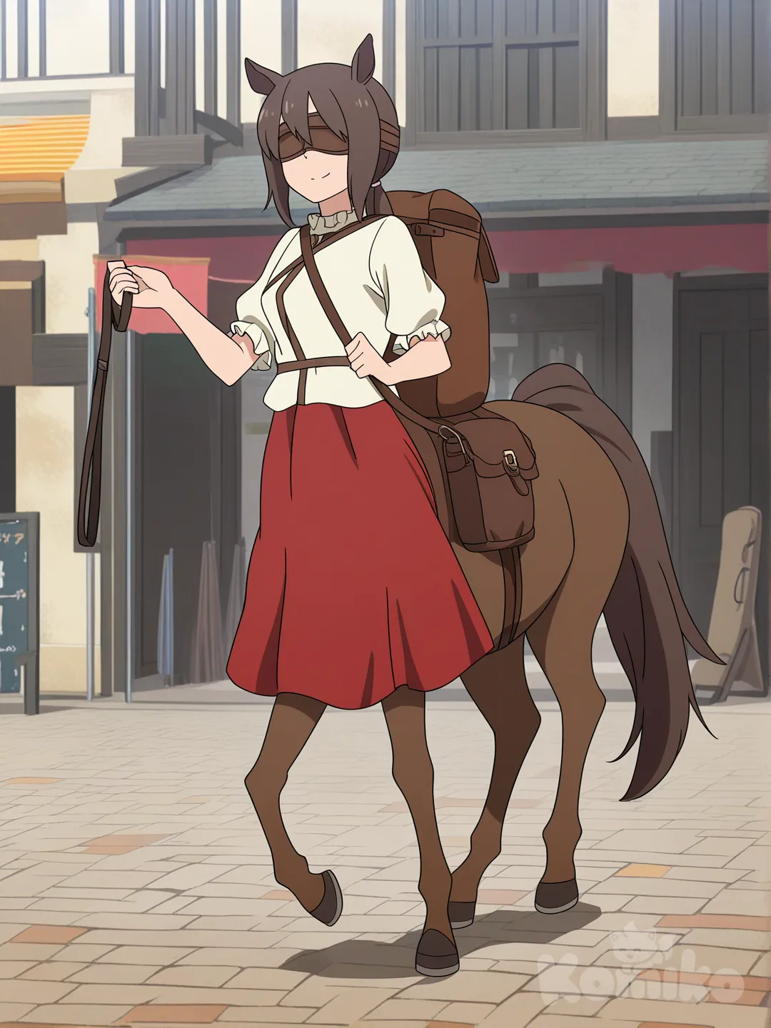 [flat-anime-style],ケンタウロス娘,茶髪,ロングヘア,ポニーテール,馬耳,ライトブラウンの革の目隠し,ベージュの服,赤のスカート,ハーネス,首輪,リード,首輪にリードが繋がっている,リードで引っ張れている,鞍,鞍に荷物を載せている,背中に荷物を載せている,笑顔,前進している、左手に荷物袋、右手にブラウンの革のカバン、中世ヨーロッパ、商店街、石畳