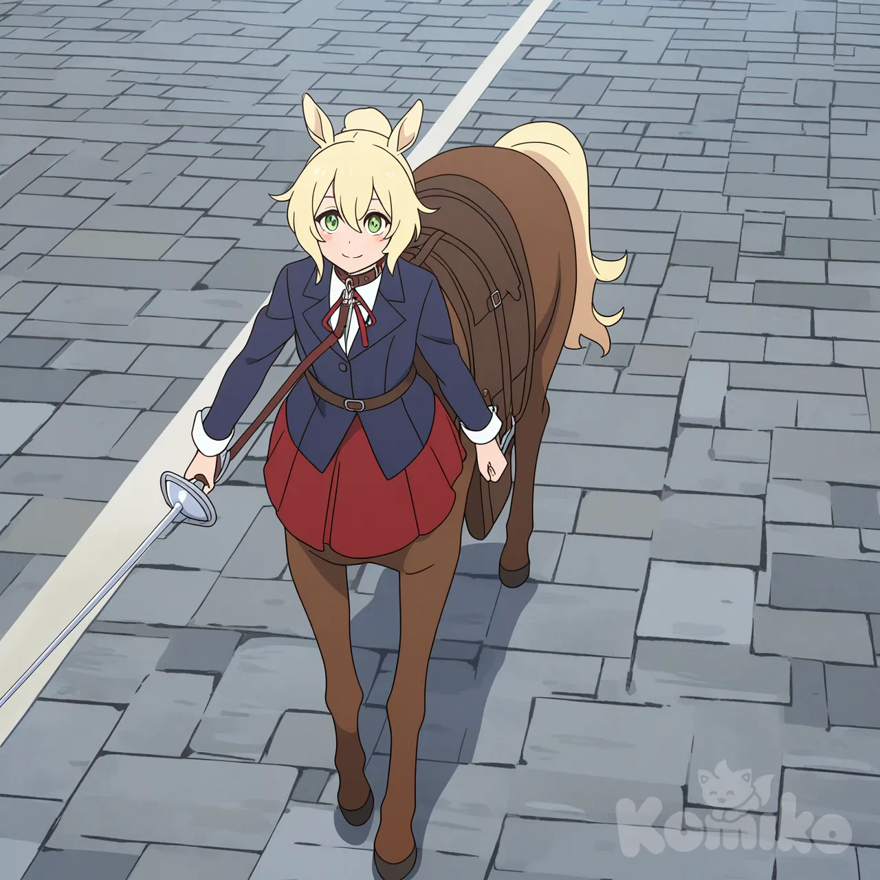 [flat-anime-style],ケンタウロス娘,茶髪,ロングヘア,ポニーテール,馬耳,ライトブラウンの革の目隠し,ベージュの服,赤のスカート,ハーネス,首輪,リード,首輪にリードが繋がっている,リードで引っ張れている,鞍,鞍に荷物を載せている,背中に荷物を載せている,笑顔,前進している、左手に荷物袋、右手にブラウンの革のカバン、中世ヨーロッパ、商店街、石畳, 1boy, 金髪、wavy hair,green eyes,short hair,身長170センチ,イケメン,紺色のブレザー,ブーツ,右腰にレイピアを帯刀している,ケンタウロス娘の前方にいる,右手でケンタウロス娘の首輪のリードを持っている,ケンタウロス娘の首輪のリードを引っ張ている,前進している,正面を向いてる,笑顔,右斜め上のアングル