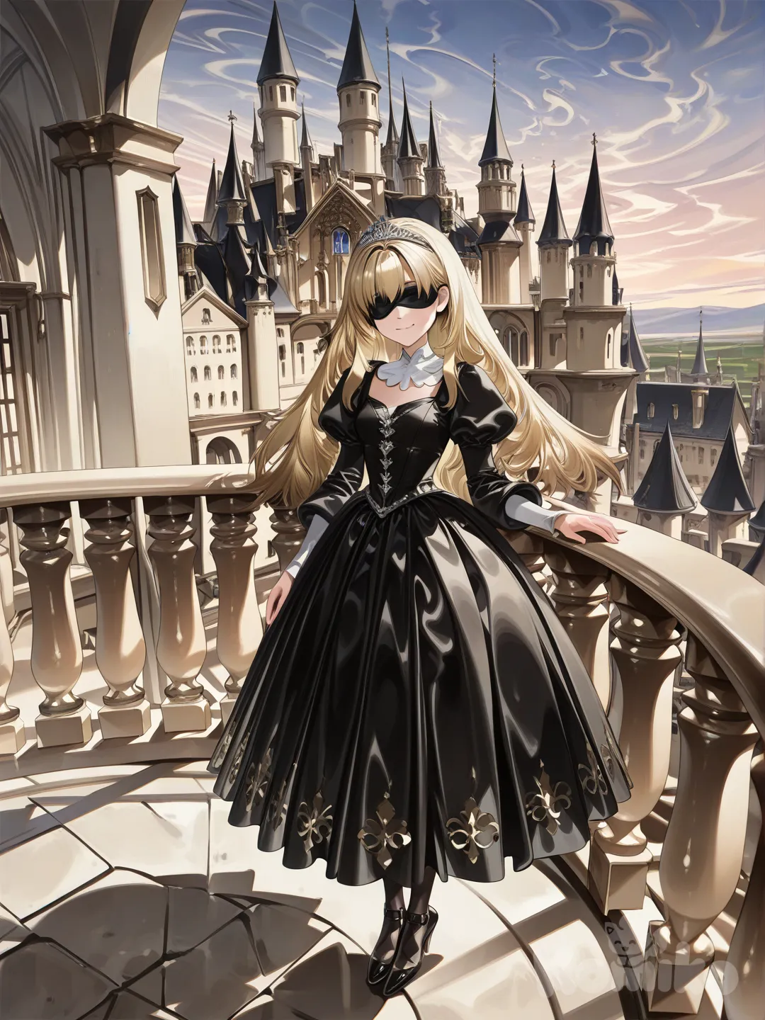 [high-gloss-illustration-style]金髪,ロングヘアー,黒い目隠し、黒いドレス、, twilight,中世、城、バルコニー、笑顔、銀色のティアラ、女性、170cm、黒いハイヒール、