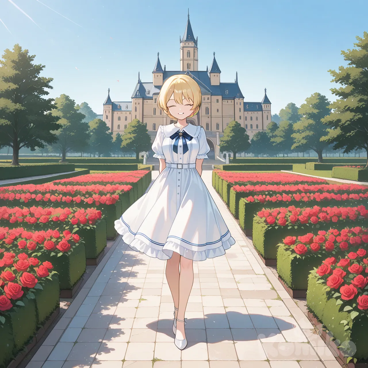 ダージリン、, castle, garden, day、薔薇が咲いている、後ろ手、, 正面を向いてる、, smile, full body