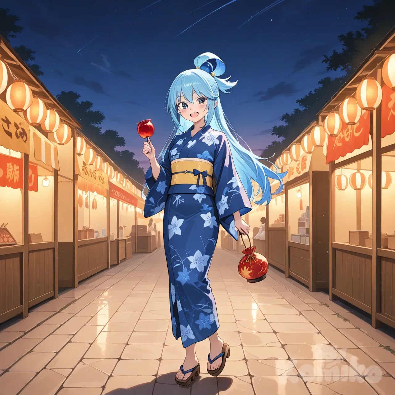 アクア、青色のミニ着物、女下駄、髪は結んでいる、縁日の背景、夕方、リンゴ飴を持っている、, full body