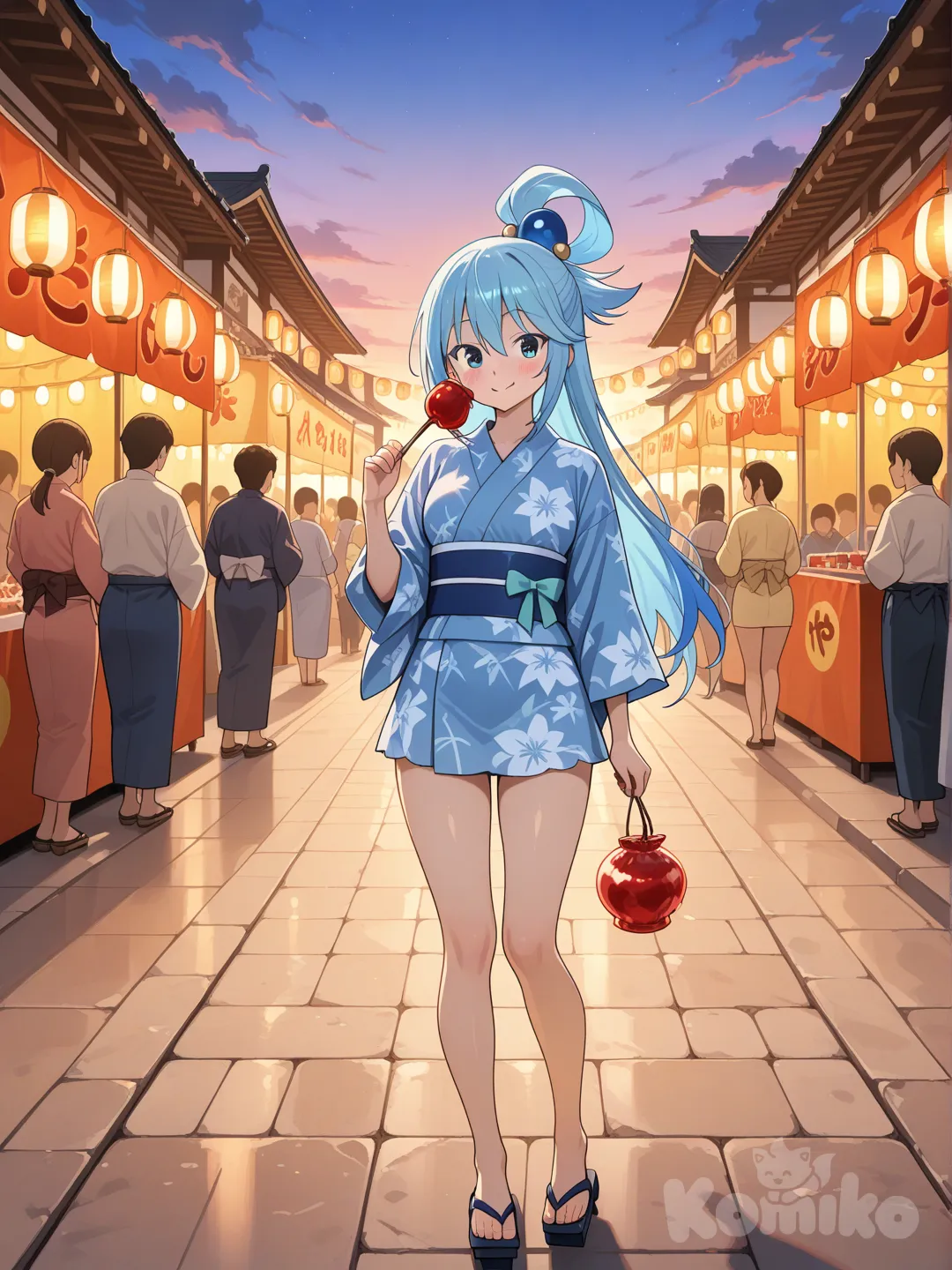アクア、青色のミニ着物、女下駄、髪は頭の後ろで結んでいる、縁日の背景、夕方、リンゴ飴を持っている、, full body, 着物の丈は短い