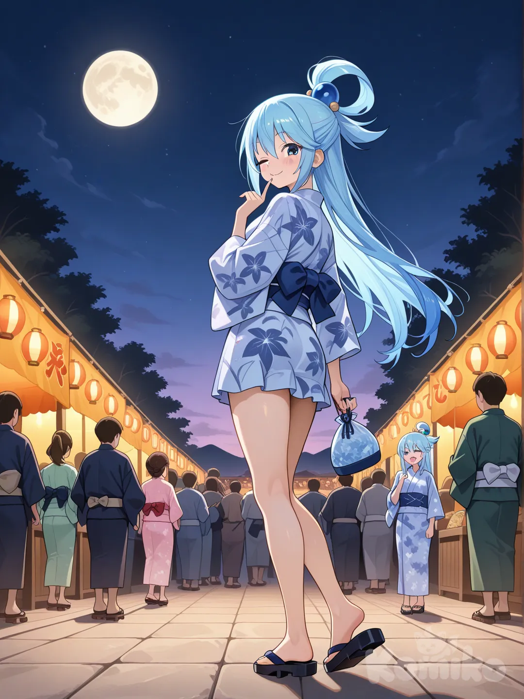 アクア、青色のミニ着物、女下駄、髪は頭の後ろで結んでいる、縁日の背景、夕方、, full body, 着物の丈は短い、振り返っている、内緒のポーズ、片目は閉じている, half updo、赤い巾着袋を持ってる、空に満月、背景に丈の短い青色以外の浴衣を着た少女がいる