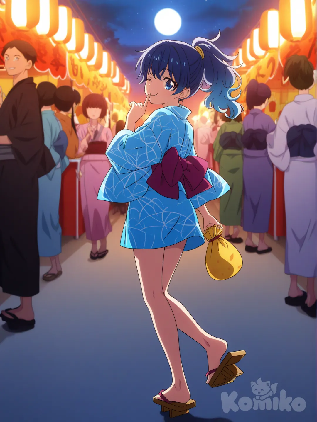 アクア、青色のミニ着物、女下駄、髪は頭の後ろで結んでいる、縁日の背景、夕方、, full body, 着物の丈は短い、振り返っている、内緒のポーズ、片目は閉じている, half updo、赤い巾着袋を持ってる、空に満月、背景に丈の短い青色以外の浴衣を着た少女が数人いる、アクアは1人だけ, [pop-anime-style]