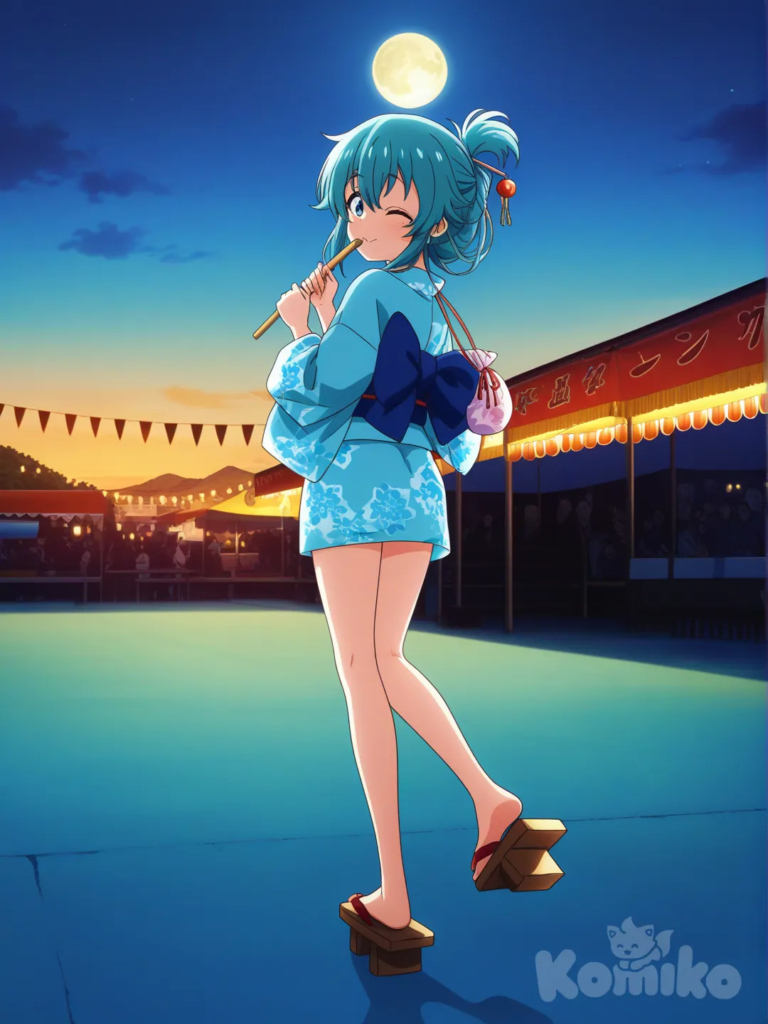 アクア、青色のミニ着物、女下駄、髪は頭の後ろで結んでいる、縁日の背景、夕方、, full body, 着物の丈は短い、振り返っている、内緒のポーズ、片目は閉じている, half updo、赤い巾着袋を持ってる、空に満月、背景に丈の短い青色以外の浴衣を着た少女が数人いる、アクアは1人だけ, [pop-anime-style]