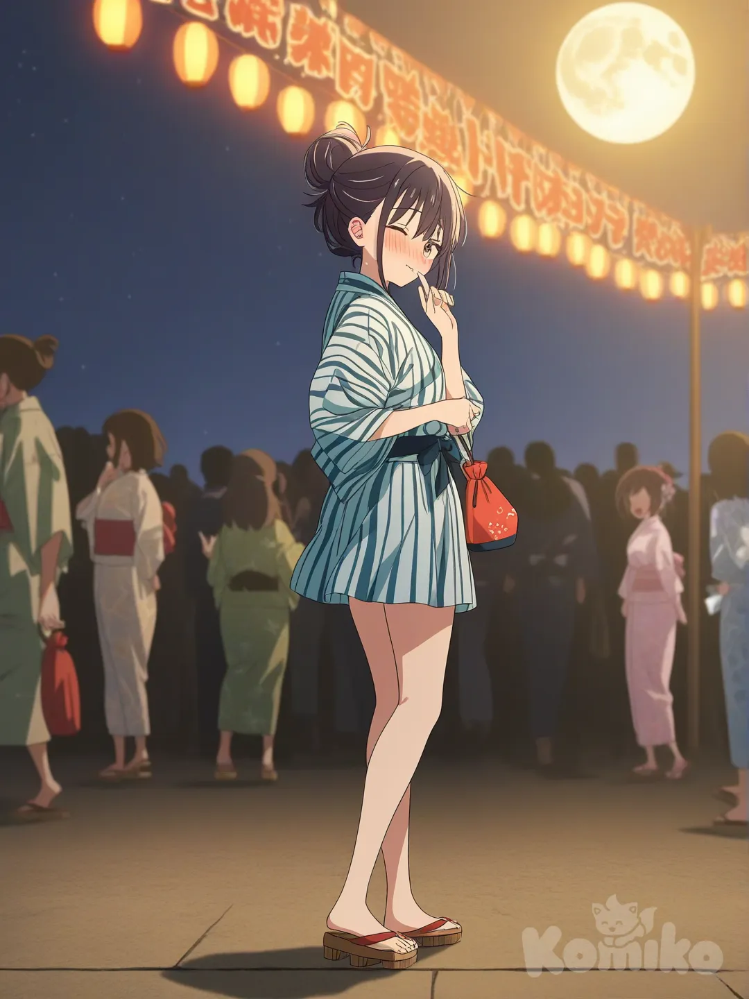 アクア、青色のミニ着物、女下駄、髪は頭の後ろで結んでいる、縁日の背景、夕方、, full body, 着物の丈は短い、振り返っている、内緒のポーズ、片目は閉じている, half updo、赤い巾着袋を持ってる、空に満月、背景に丈の短い青色以外の浴衣を着た少女が数人いる、アクアは1人だけ, [bright-anime-style]