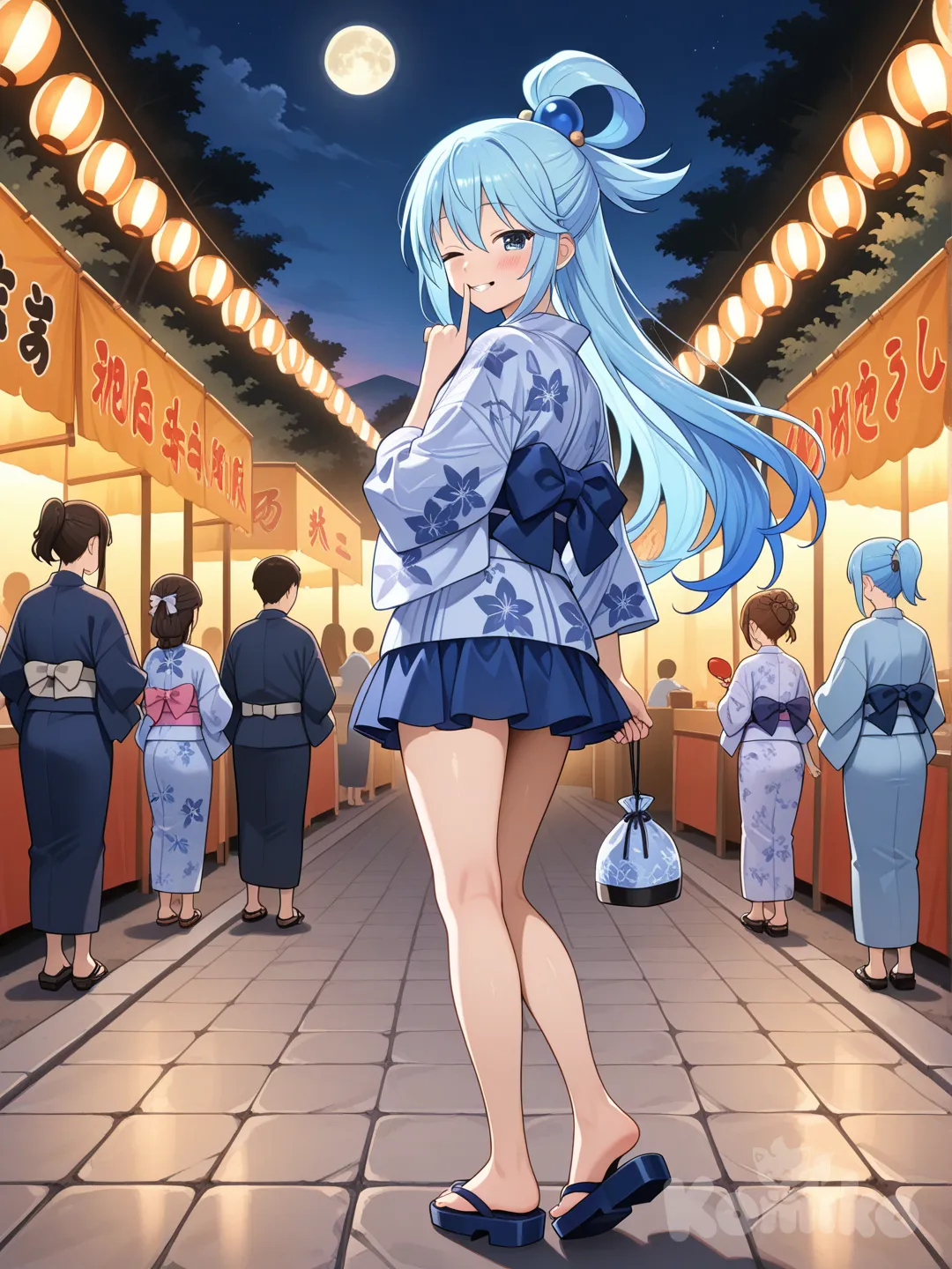 アクア、青色のミニ着物、女下駄、髪は頭の後ろで結んでいる、縁日の背景、夕方、, full body, 着物の丈は短い、振り返っている、内緒のポーズ、片目は閉じている, half updo、赤い巾着袋を持ってる、空に満月、背景に丈の短い浴衣を着た少女が数人いる、