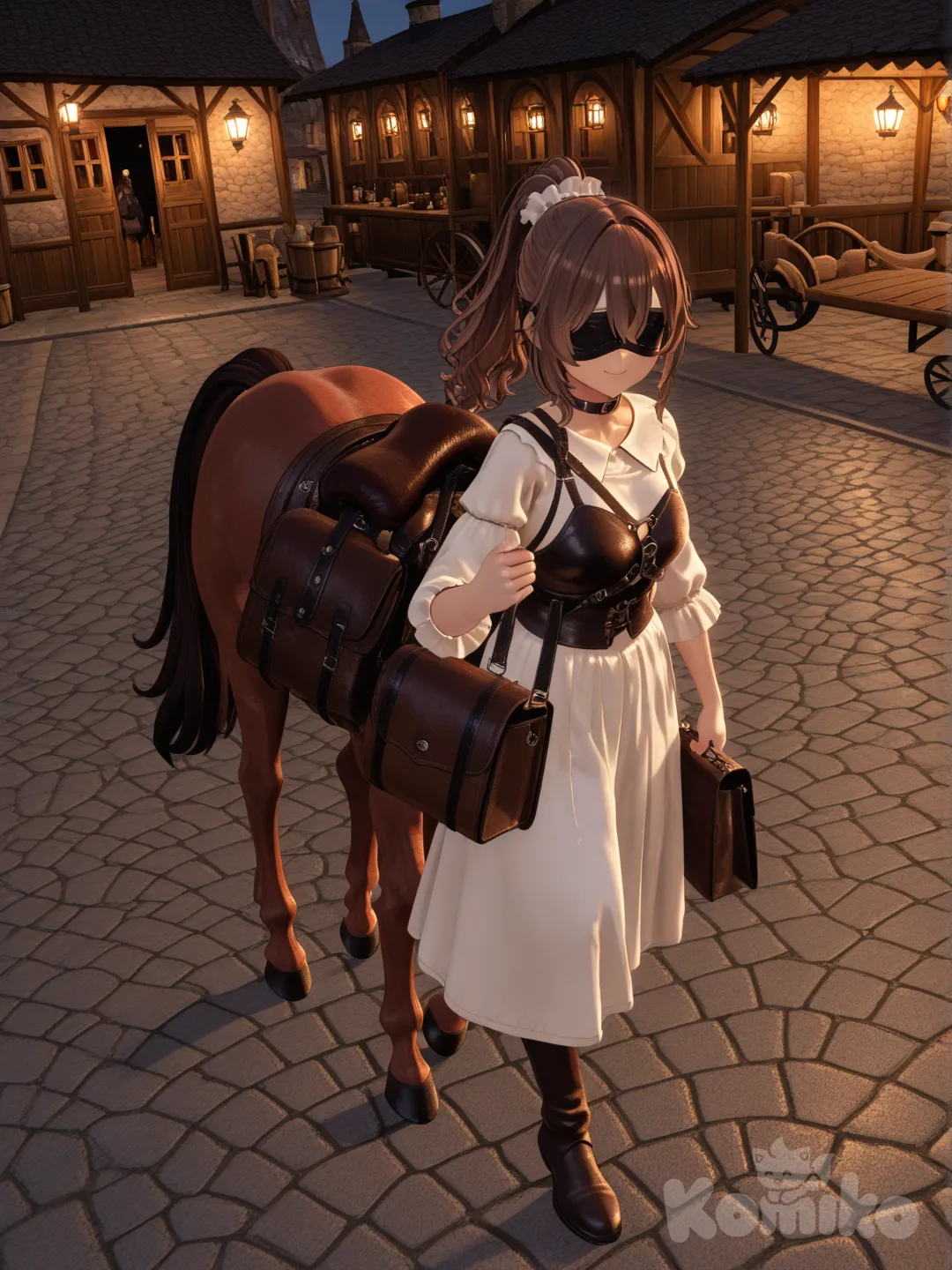 ケンタウロス娘、茶髪、, high ponytail、中世の商店街の背景、革状の目隠し、首輪してる、鞍に荷物を載せてる、両手に荷物を持つ、進んでいる、, ハイアングル、笑顔、ハーネスしてる、白いスカートを履いてる、, [3d-anime-style]、スカートは下半身前腕が隠れる様にして