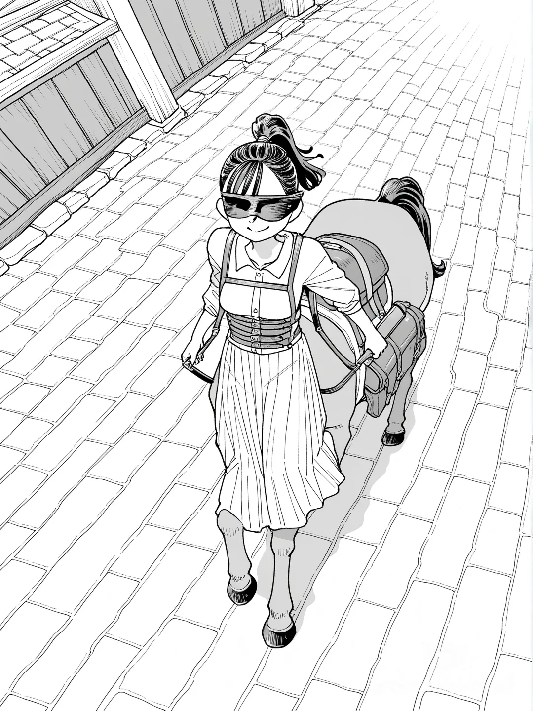 ケンタウロス娘、茶髪、, high ponytail、中世の商店街の背景、革状の目隠し、首輪してる、鞍に荷物を載せてる、両手に荷物を持つ、進んでいる、, ハイアングル、笑顔、ハーネスしてる、白いスカートを履いてる、, 、スカートは下半身前腕が隠れる様にして, [grayscale-manga-style]