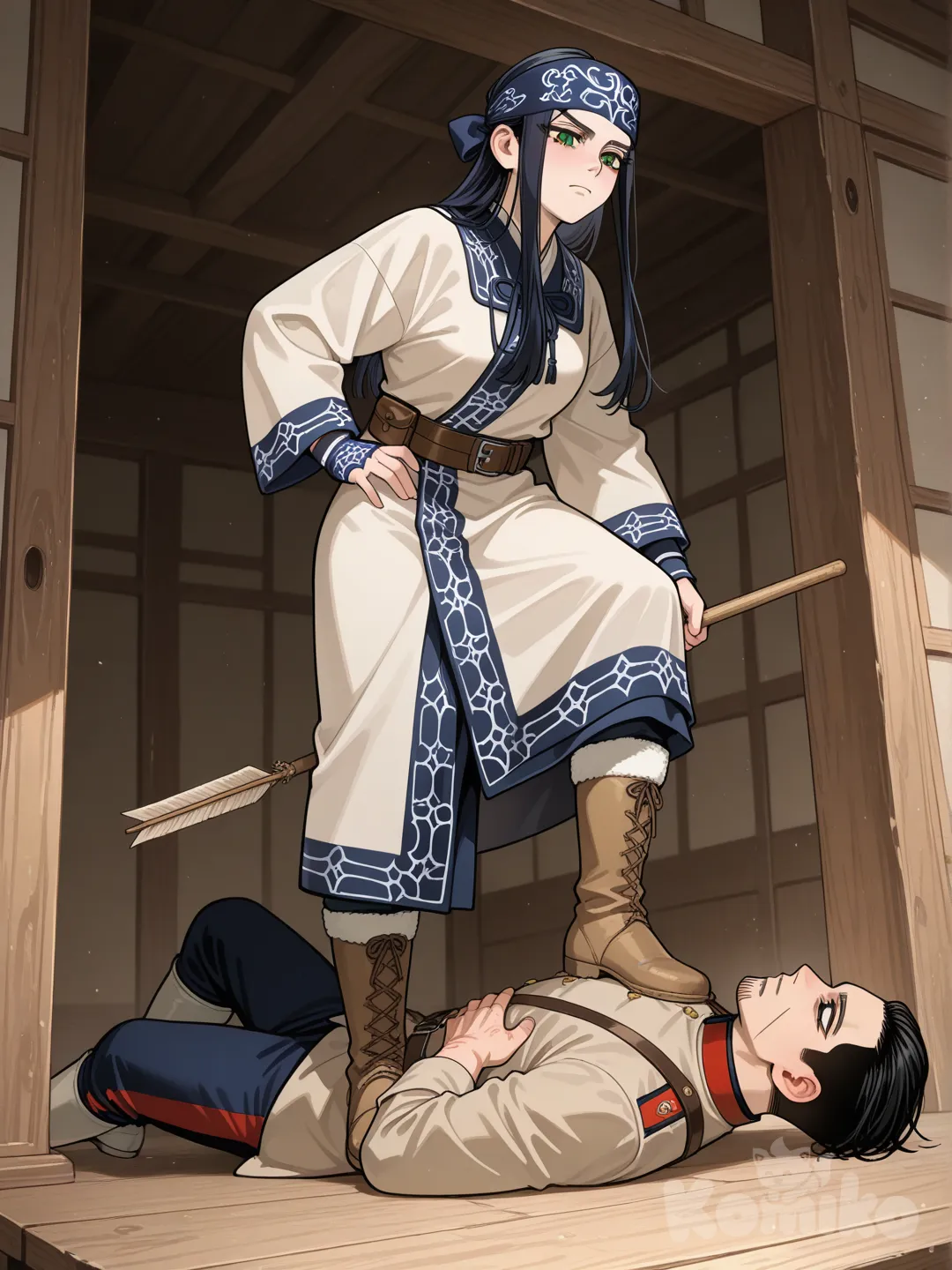 Minha oc para ou pouco conhecido anie Golden kamuy ,ela se chama será mulher bonita Ainu 24 anos corpo bonito, cabelos pretos lisos longos olho esverdeado, pele clara usa roupas ainu de cor marrom claro com detalhes azuis, além de usar arco flecha de madeira botas de pele de animal ,rosto limpo angelical maduro sem marcas,mas ainda é uma guerrira,caçadora , tem um soldado da sétima divisão no chão e bem ela está com o pé em cima do peito dele o impedindo de se levantar, ela tem um olhar sério porém