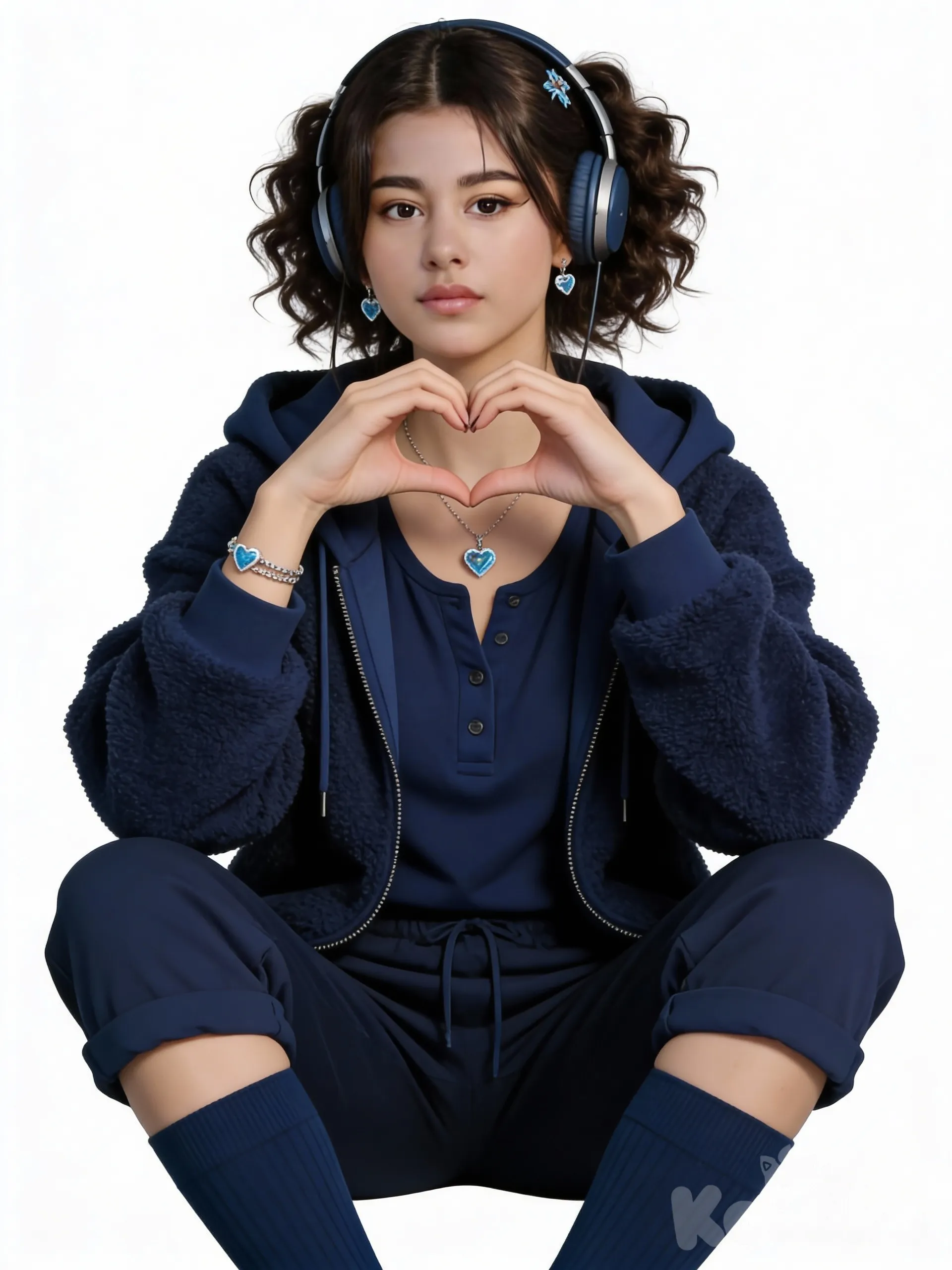 @luna-danile-dXXv, heart hands, hoodie, full body, henley shirt, casual pants, necklace, hair accessory, earrings, knee-high socks, headphones, fluffy curls, navy blue