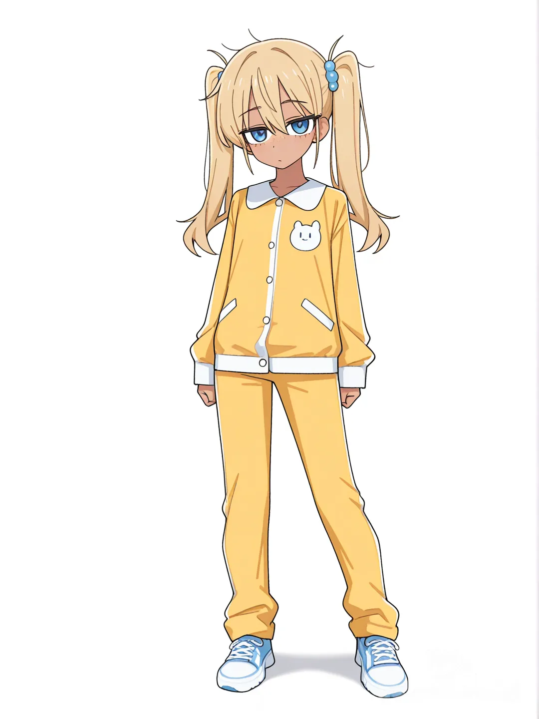 [toon-shaded-style] 1girl, teenager, athletic, tall, blonde_hair, twintails, blue_eyes, freckles, tan, yellow_pajamas, single character, full body, looking at viewer, anime style, simple background, white background
