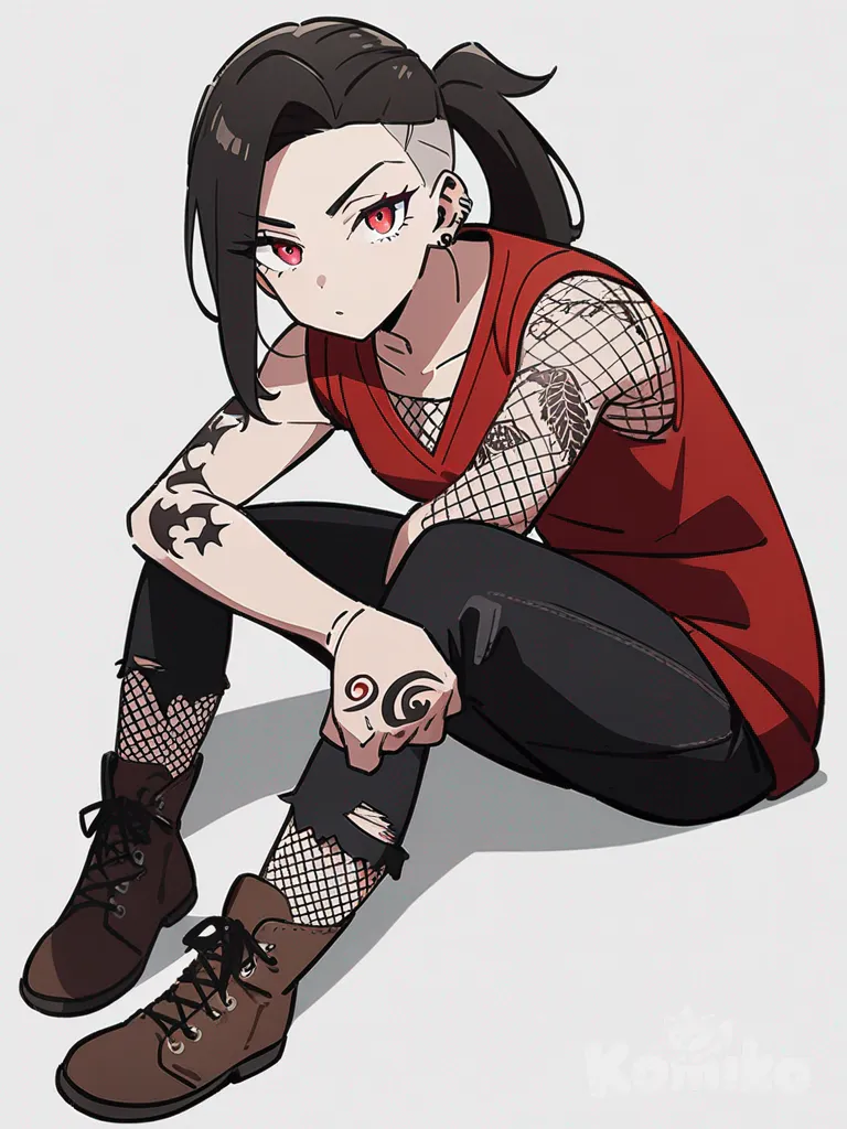 1girl, vampire, teenager, slim, black hair, long hair, short hair, undercut, ponytail, red eyes, tattoos, black crop top, ripped black jeans, fishnet stockings, brown hiking boots, red vest, single character, full body, looking at viewer, anime style, simple background, white background