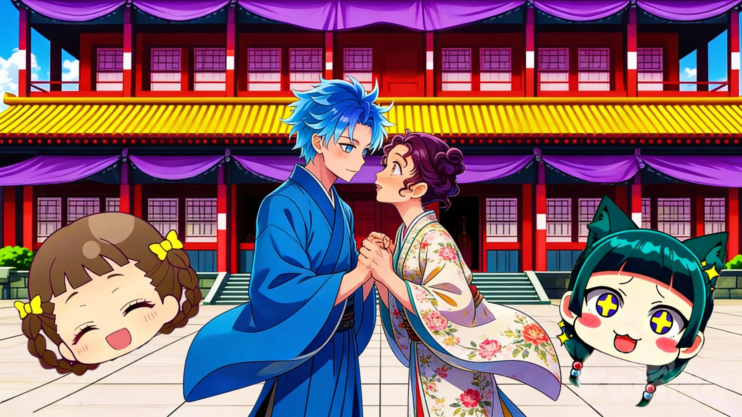 Fondo arquitectónico
- Edificio tradicional asiático: 
 - Pilares rojos intensos sostienen un techo de tejas amarillas con bordes curvos, típico de templos o palacios imperiales. 
 - Cortinas púrpuras cuelgan en los accesos, aportando un aire ceremonial y místico. 
 - El fondo sugiere un lugar sagrado o simbólico, ideal para momentos clave como confesiones, pactos o revelaciones.
 - Pareja protagonista (centro de la composición)
- Chico de cabello azul natural: 
 - Peinado anime desordenado, estilo shōnen rebelde. 
 - Viste un hanfu con mangas amplias de color azul fuerte.
 - Su expresión es seria pero suave, con los ojos fijos en la chica, transmitiendo conexión emocional profunda.
- Chica de vestimenta tradicional: 
 - Lleva un atuendo ceremonial, posiblemente inspirado en hanfu o kimono, con mangas amplias y detalles florales. 
 - Su postura es delicada, con una leve inclinación hacia el chico, mostrando vulnerabilidad y ternura. 
 - Ambos están tomados de las manos, en un gesto íntimo que sugiere amor, reconciliación o alianza espiritual.
- Cabeza chibi 1 (izquierda): 
 - Niña con cabello castaño en coletas, adornadas con lazos amarillos. 
 - Ojos cerrados en forma de arco invertido, sonrisa amplia. 
 - Su expresión transmite alegría inocente, como si celebrara el momento romántico.
- Cabeza chibi 2 (derecha): 
 - Chica con cabello verde oscuro, peinado en trenzas dobles. 
 - Lleva accesorios de orejas de gato, estilo neko-mimi. 
 - Ojos brillantes con estrellas, boca abierta en gesto de asombro o emoción. 
 - Parece una espectadora encantada, que observa desde otro plano.
 - Estilo visual y atmósfera
- Colores vibrantes: Rojos, púrpuras, amarillos y azules contrastan para crear una escena viva y emocional. 
- Estética anime/manga: Rasgos exagerados, expresiones intensas, proporciones estilizadas., [bright-anime-style]
