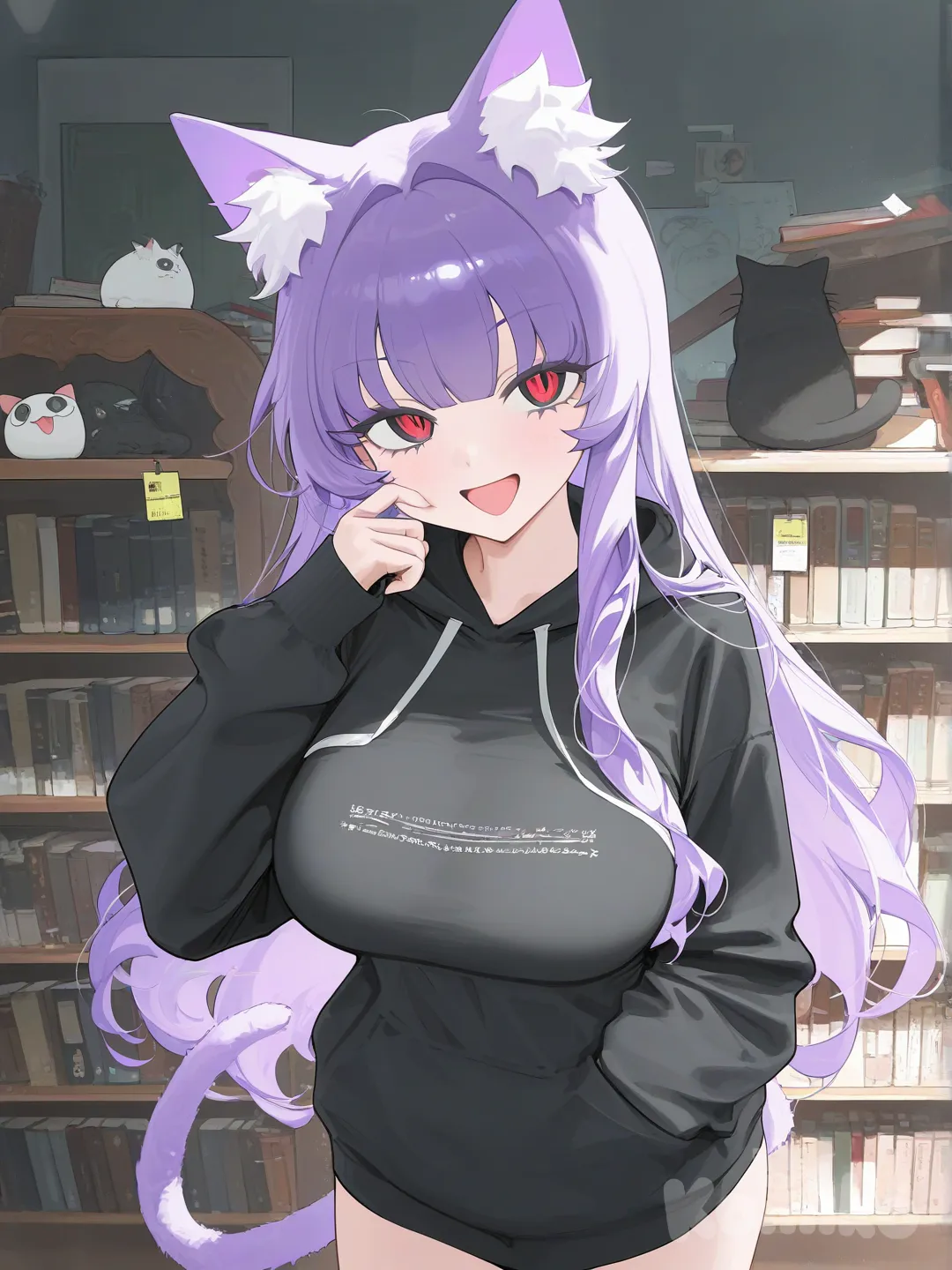 Neko Girl with a tail and cat ears. With purple hair and red eyes and in great body. [vibrant-anime-style], 1girl, butterfly cut, black hoodie, face pinching, smile, library