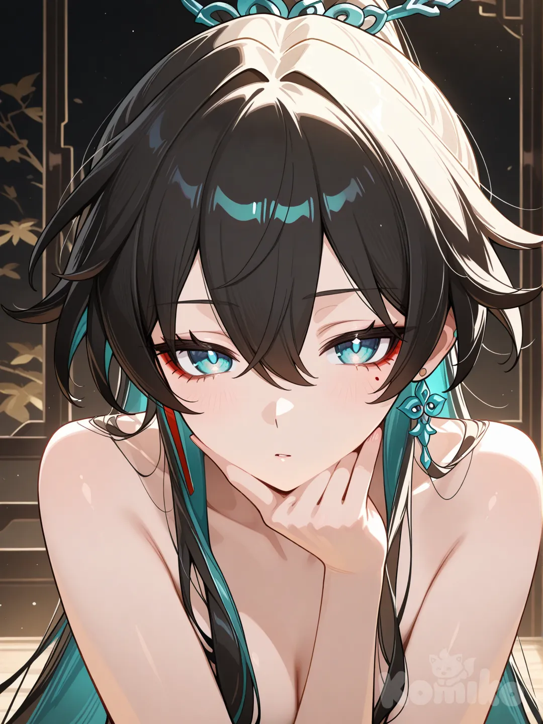 1girl, nude, seductive pose, looking at viewer, soft lighting, sultry expression, background, ultra-@Dan_Heng_(Honkai:Star_Rail)