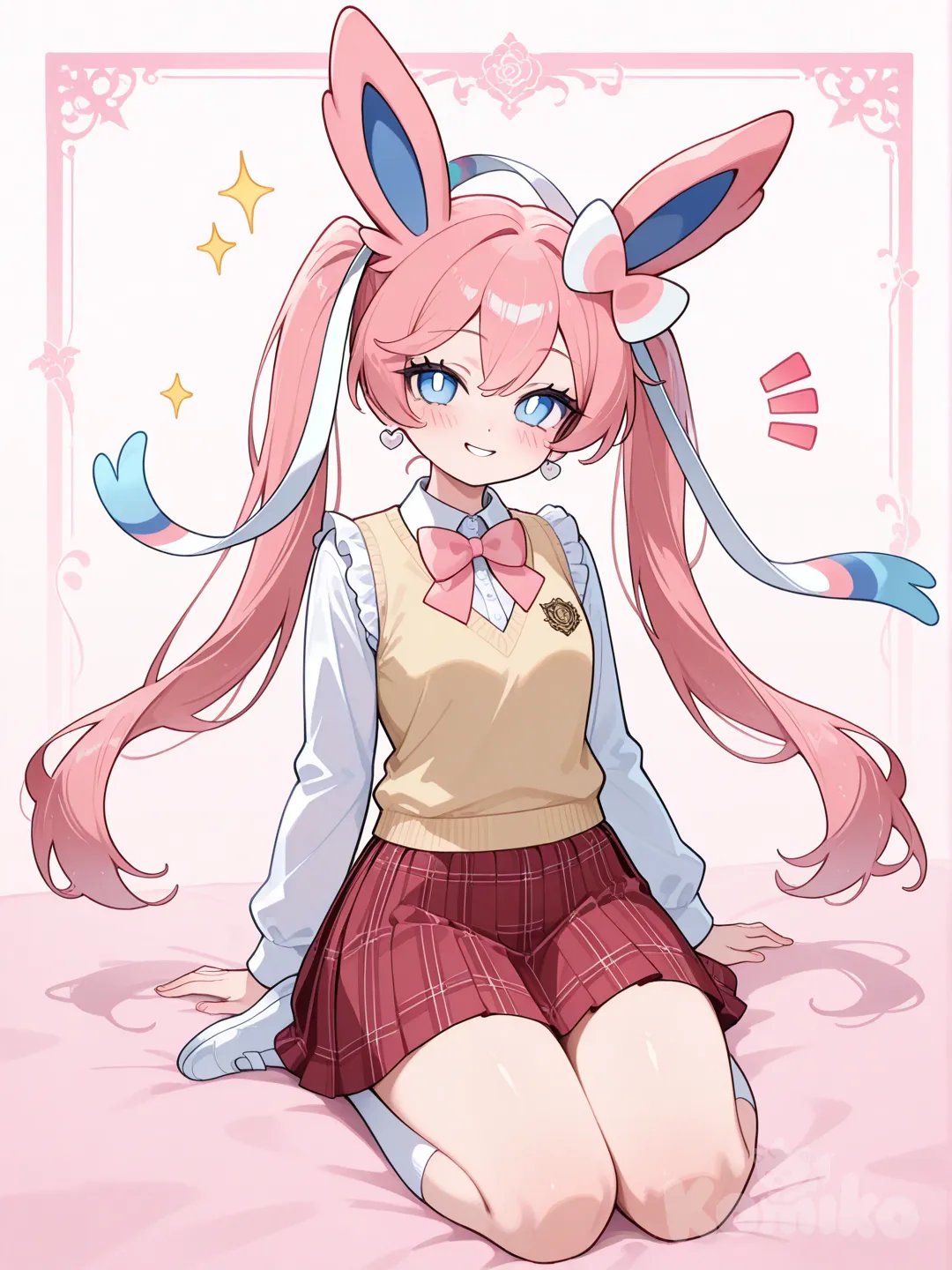 Sylveon anthropomorphic looking at camera, being adoreble, school vest, pleated skirt, ruffles, bow tie, jewelry, twin tails, full body