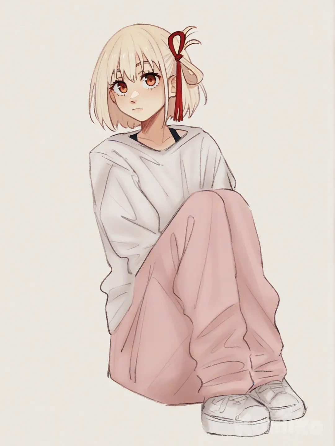 [soft-shaded-moe-style] 1girl, nishikigi_chisato, lycoris_recoil, single character, full body, looking at viewer, anime style, simple background, white background