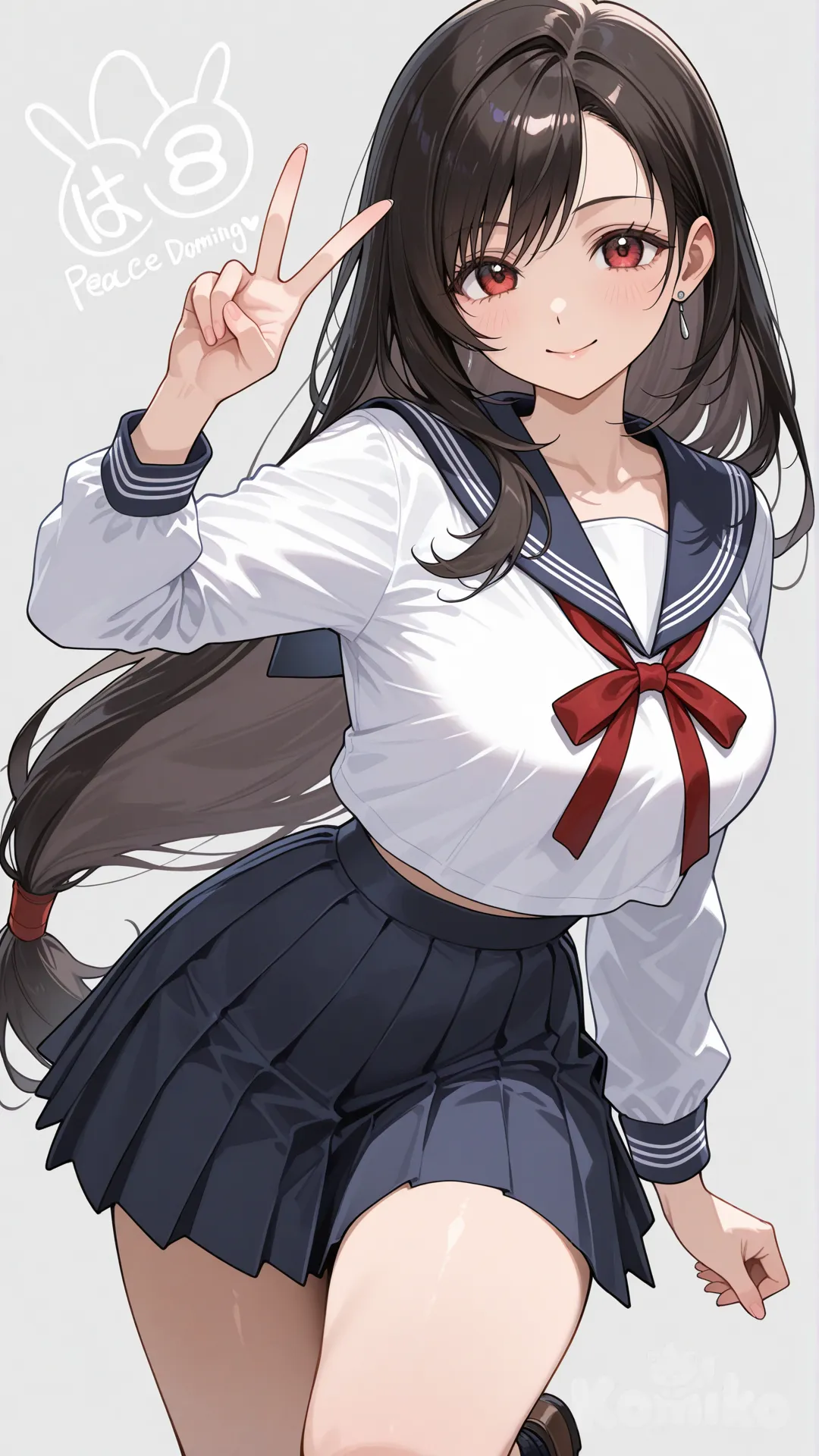 ティファが制服姿でピースしてる