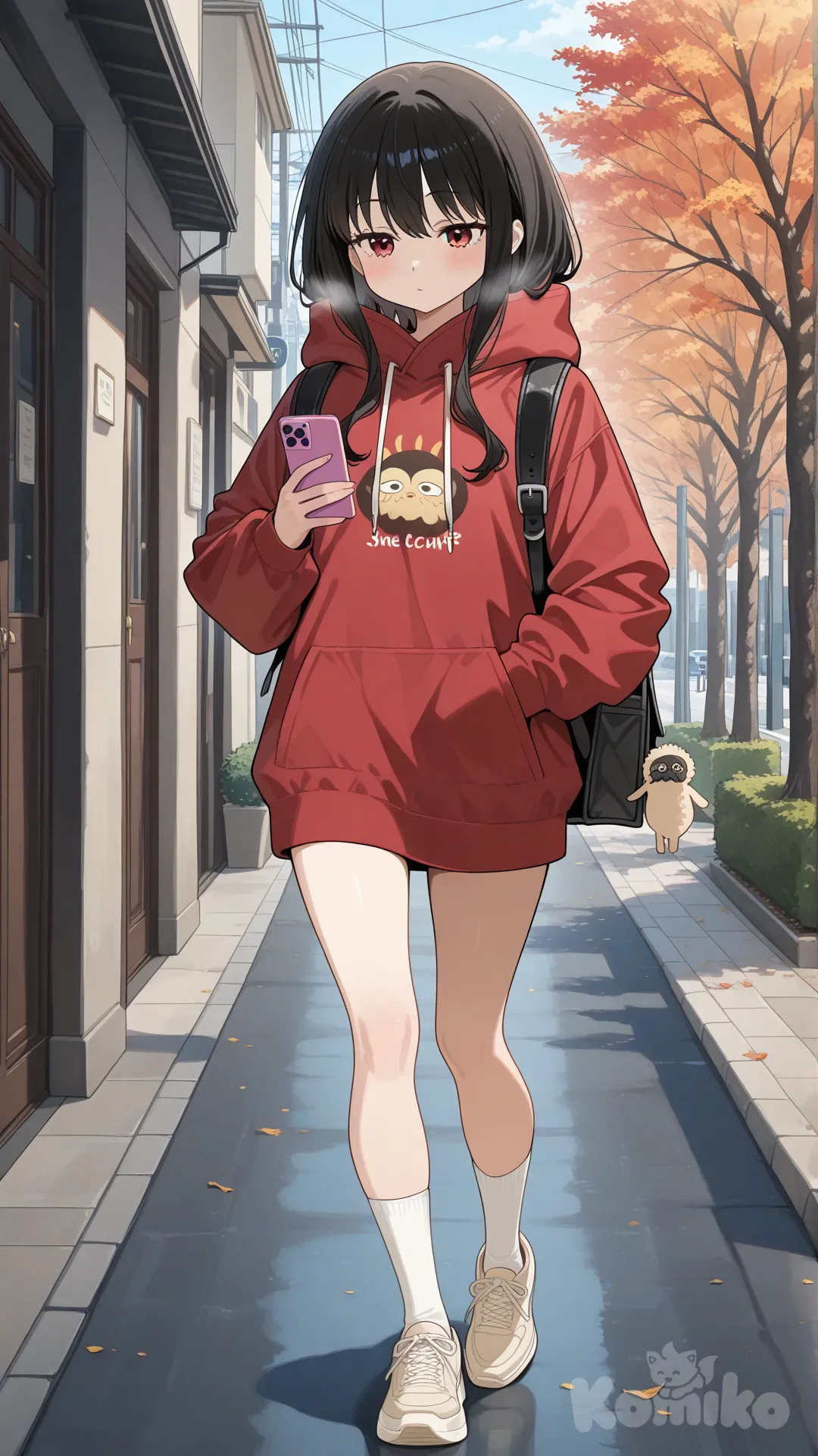 歩いていてスマホで住所調べている、ちょっと寒そう、季節は秋