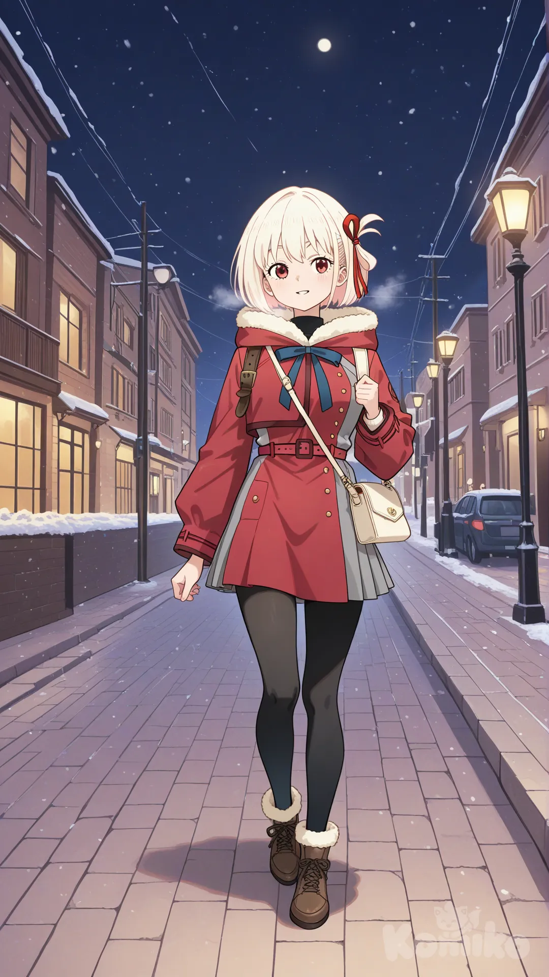 喫茶リコリコに通勤中、リコリスリコイルの錦木千束、かわいい服装、歩道歩く、冬