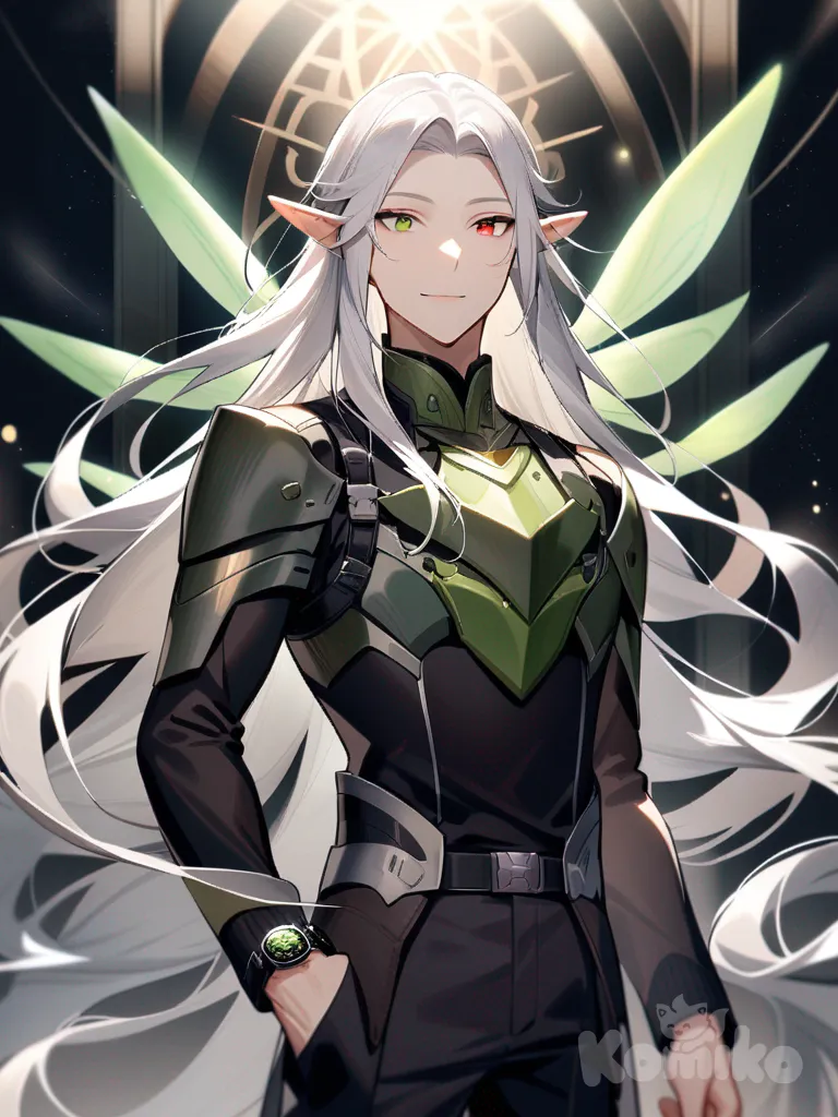 1boy, elf, teenager, silver hair, long hair, flowing hair, green eyes, purple eyes, red eyes, multiple eyes, elegant features, sleek armor, modern armor, delicate wings, fairy-like wings, graceful, enchanting smile, ethereal glow, fashionable ensemble, athletic, fair skin, casual pants, school uniform, mechanical watch, digital watch, single character, full body, looking at viewer, anime style, simple background, white background