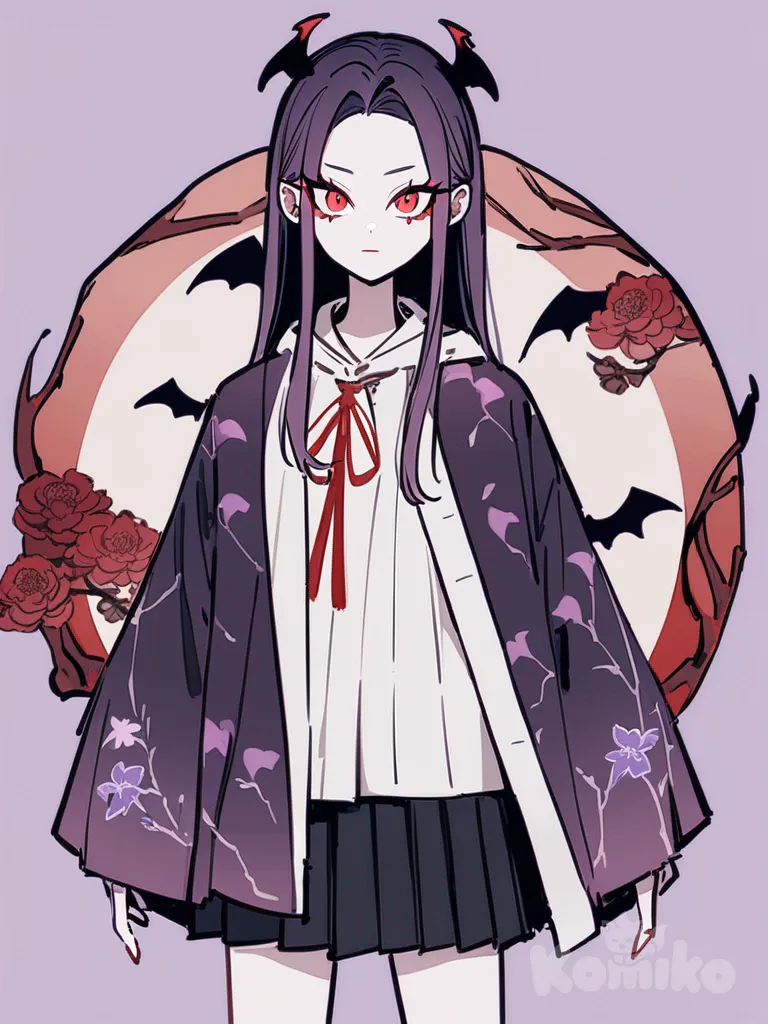 1girl, Demon Slayer style, original character in the world of Demon Slayer, vampire, teenager, slim, tall, pink and purple straight long hair, red eyes, fair skin, đồng phục Sát quỷ tiêu chuẩn, pleated short skirt, oversized haori, raincoat, studs, tassels, hairpin, hair accessory, earrings, knee-high socks, choker, single character, full body, looking at viewer, anime style, simple background, white background