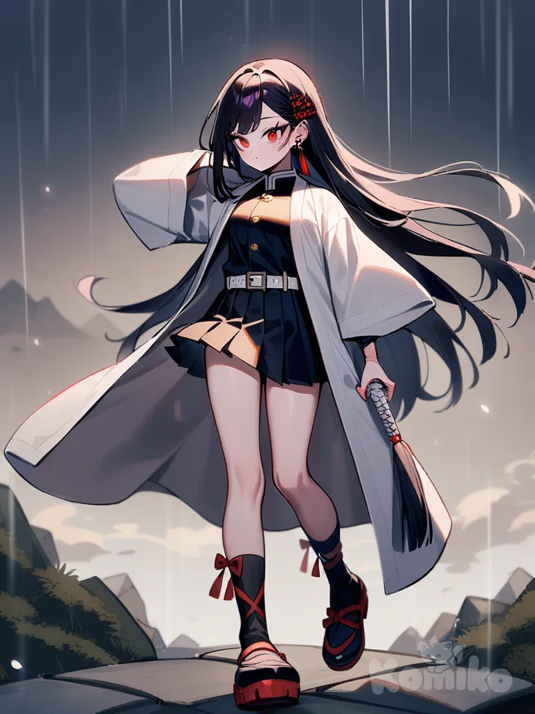 1girl, Demon Slayer style, original character in the world of Demon Slayer, vampire, teenager, slim, tall, pink and purple straight long hair, red eyes, fair skin, đồng phục Sát quỷ tiêu chuẩn, pleated short skirt, oversized haori, raincoat, studs, tassels, hairpin, hair accessory, earrings, knee-high socks, choker, single character, full body, looking at viewer, anime style, simple background, white background