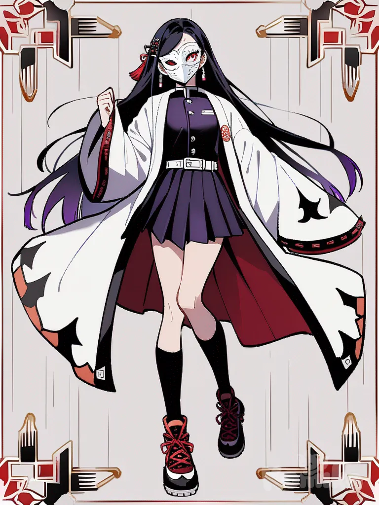 1girl, original character, Demon Slayer world, Demon Slayer style, vampire, teenager, slim, tall, pink and purple straight long hair, red eyes, fair skin, đồng phục Sát quỷ tiêu chuẩn, pleated short skirt, oversized haori, raincoat, studs, tassels, mặt nạ nửa mặt, hairpin, hair accessory, earrings, knee-high socks, choker, single character, full body, looking at viewer, anime style, simple background, white background