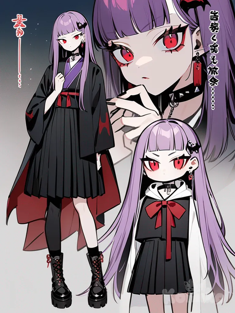 1girl, demon slayer style, original character, vampire, teenager, slim, tall, pink and purple hair, long hair, straight hair, red eyes, fair skin, black hanfu, pleated skirt, short skirt, oversized haori, raincoat, studs, tassels, hairpin, hair accessory, earrings, knee-high socks, choker, single character, full body, looking at viewer, anime style, simple background, white background