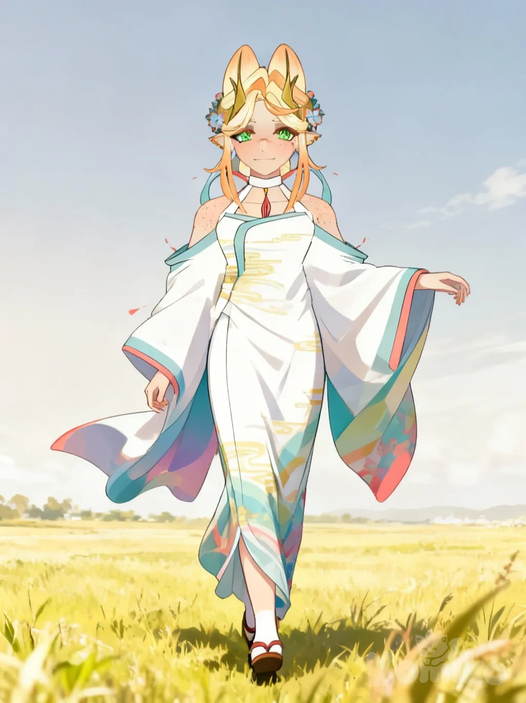 walking, full body, field, kimono, anime coloring