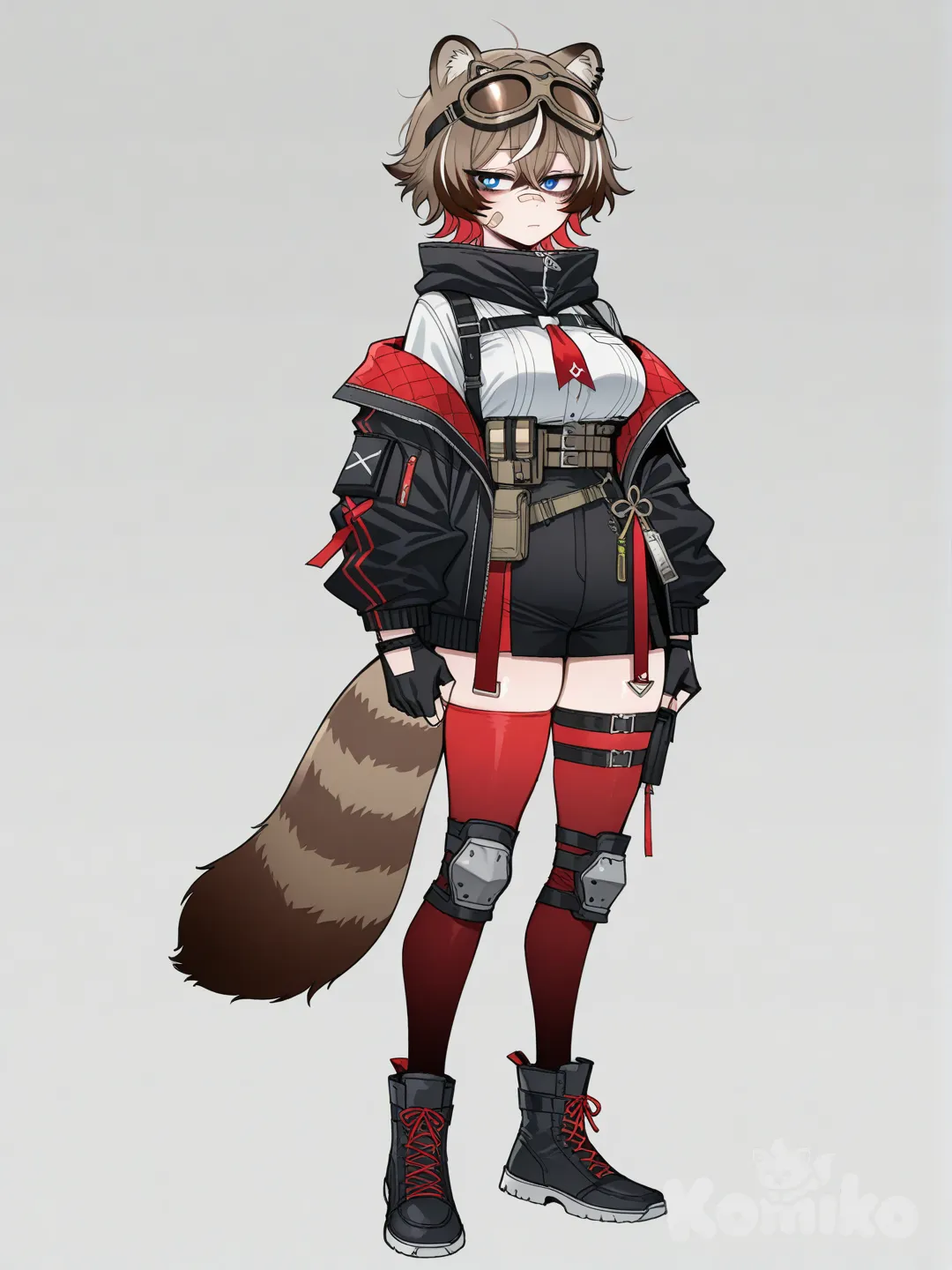 Rakkun, breasts, short hair, brown hair, blue eyes, animal ears, tail, multicolored hair, red hair, virtual youtuber, two-tone hair, streaked hair, bright pupils, goggles, bandaid, white pupils, goggles on head, bandaid on face, raccoon ears, raccoon tail, bandaid on nose, raccoon girl, brown tail, full body, well-made eyes

Art ratatatat74