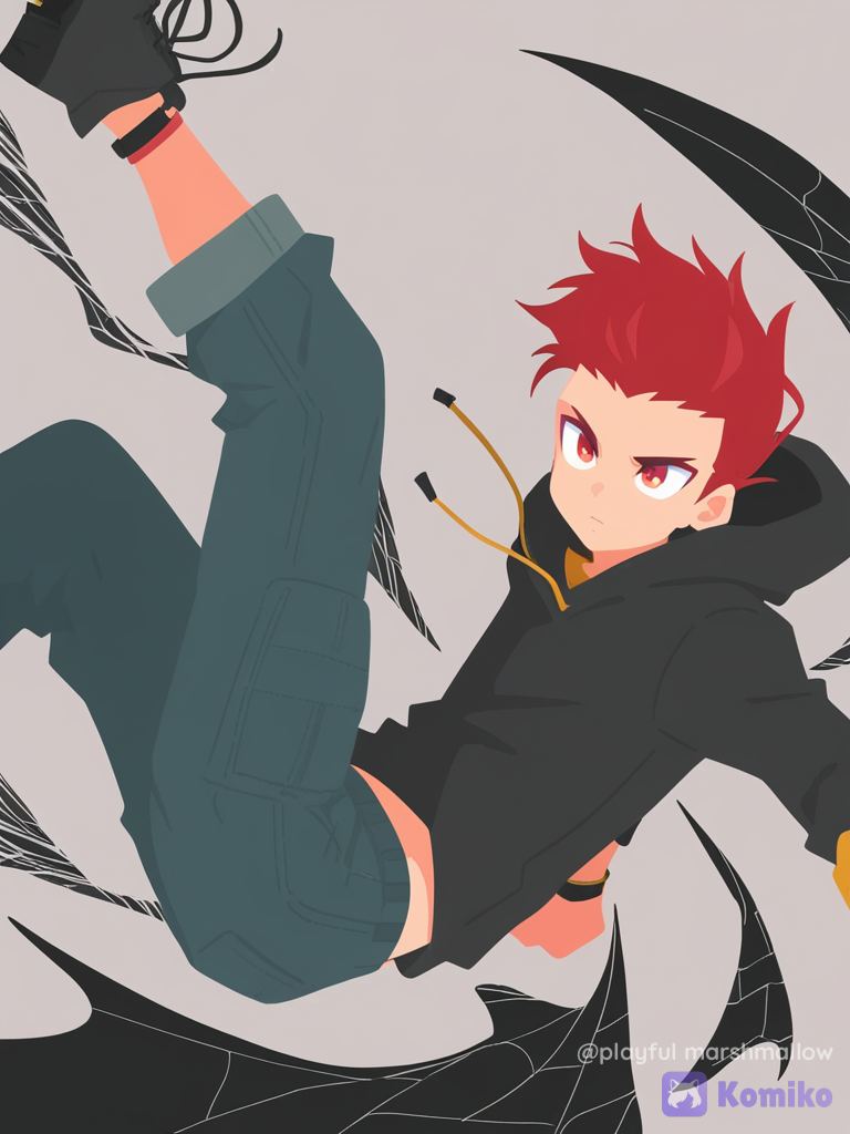 [flat-illustration-style], 1boy, falling, silk, henley shirt, hoodie, cargo pants, magic orb, angle wings, anklet, slicked-back hair, tousled hair, red hair, barefoot, combat boots, khaki, medium long shot