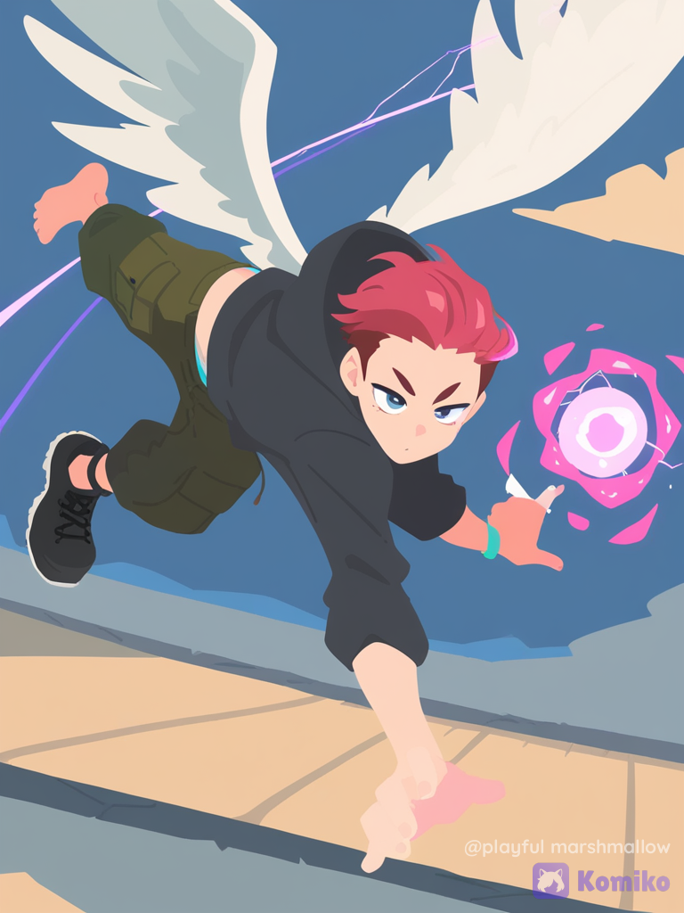 [flat-illustration-style], 1boy, falling, silk, henley shirt, hoodie, cargo pants, magic orb, angle wings, anklet, slicked-back hair, tousled hair, red hair, barefoot, combat boots, khaki, medium long shot